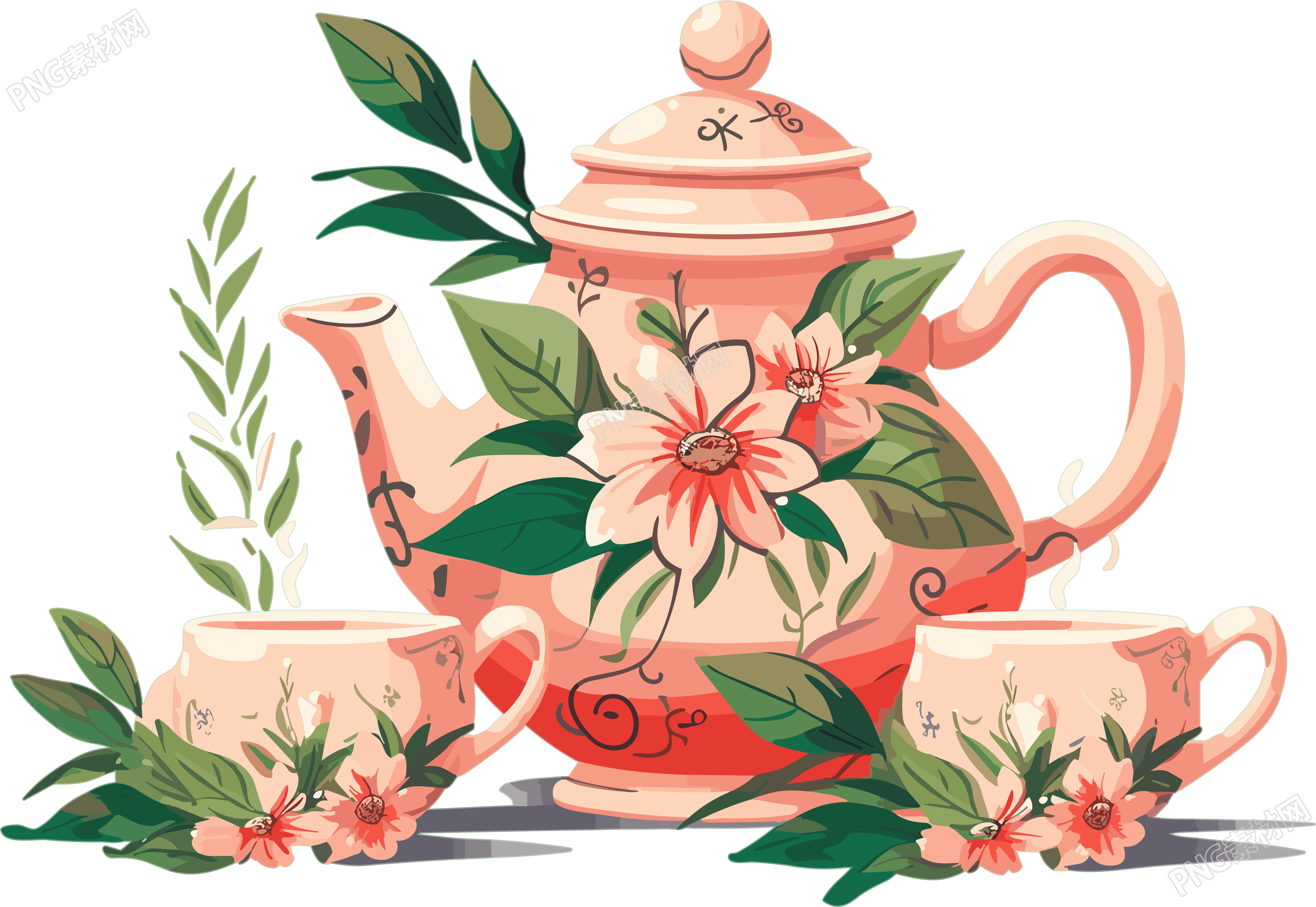 热带符号主义风格的花纹茶具和杯子PNG图形设计素材