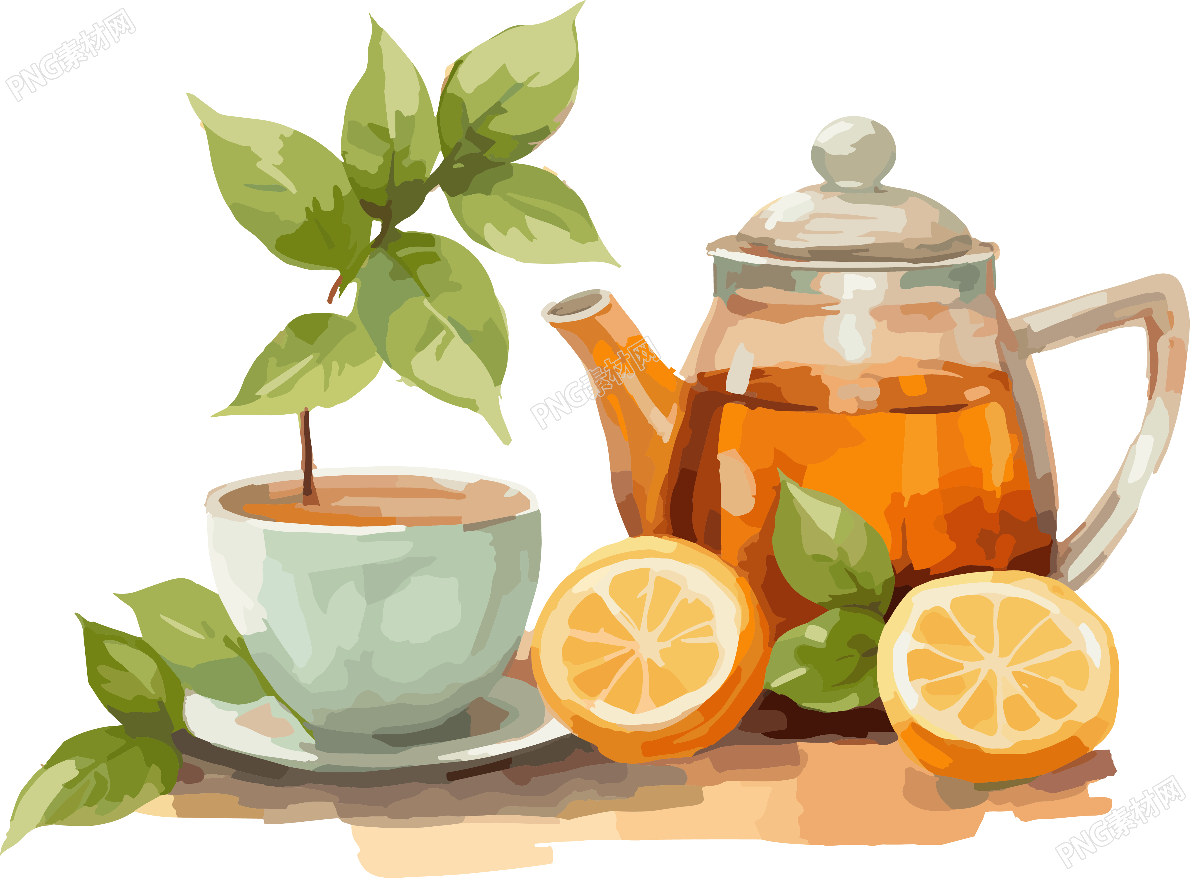 动态插画设计:茶叶上的茶壶与勺子素材