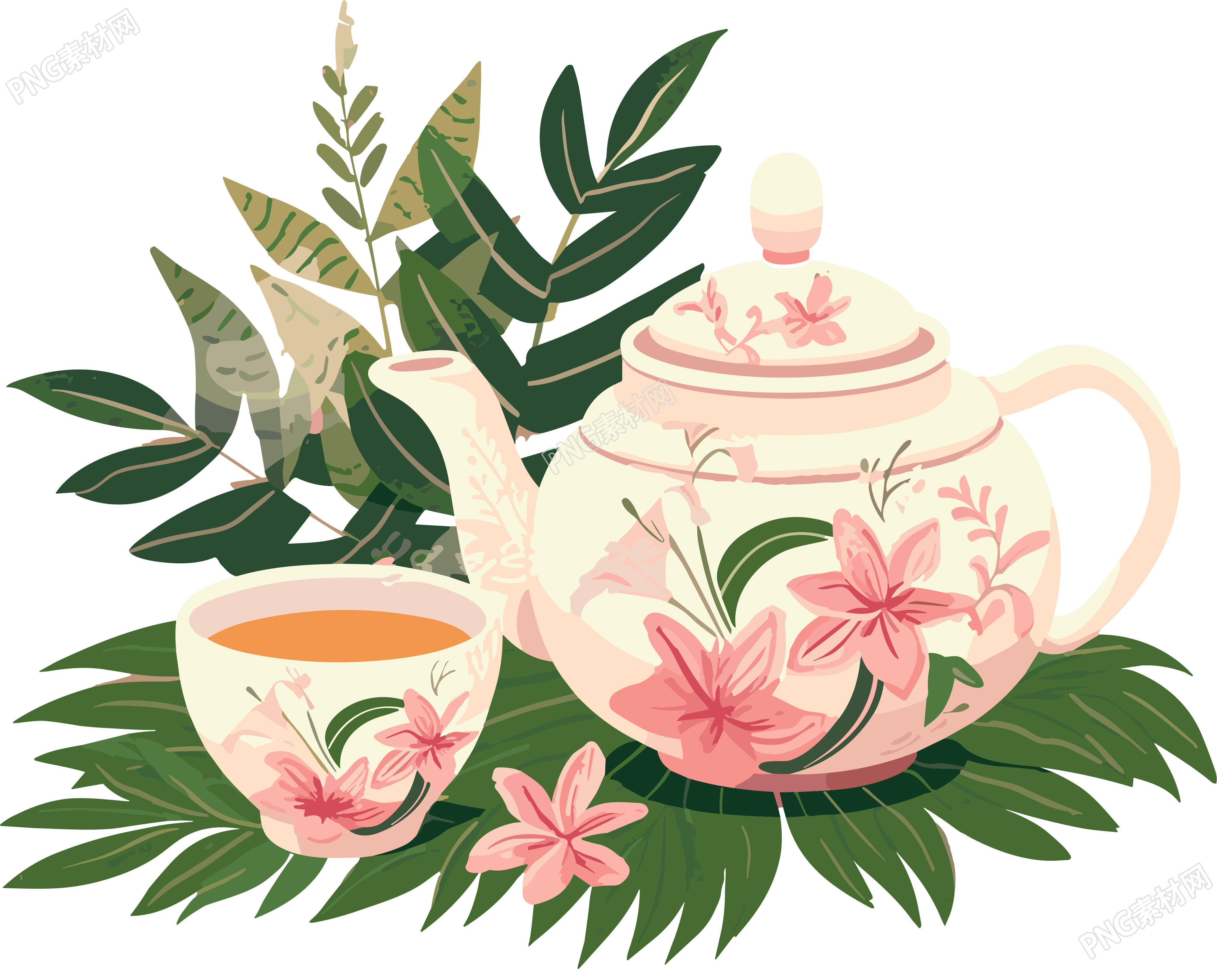 白色带雏菊花的茶壶插画