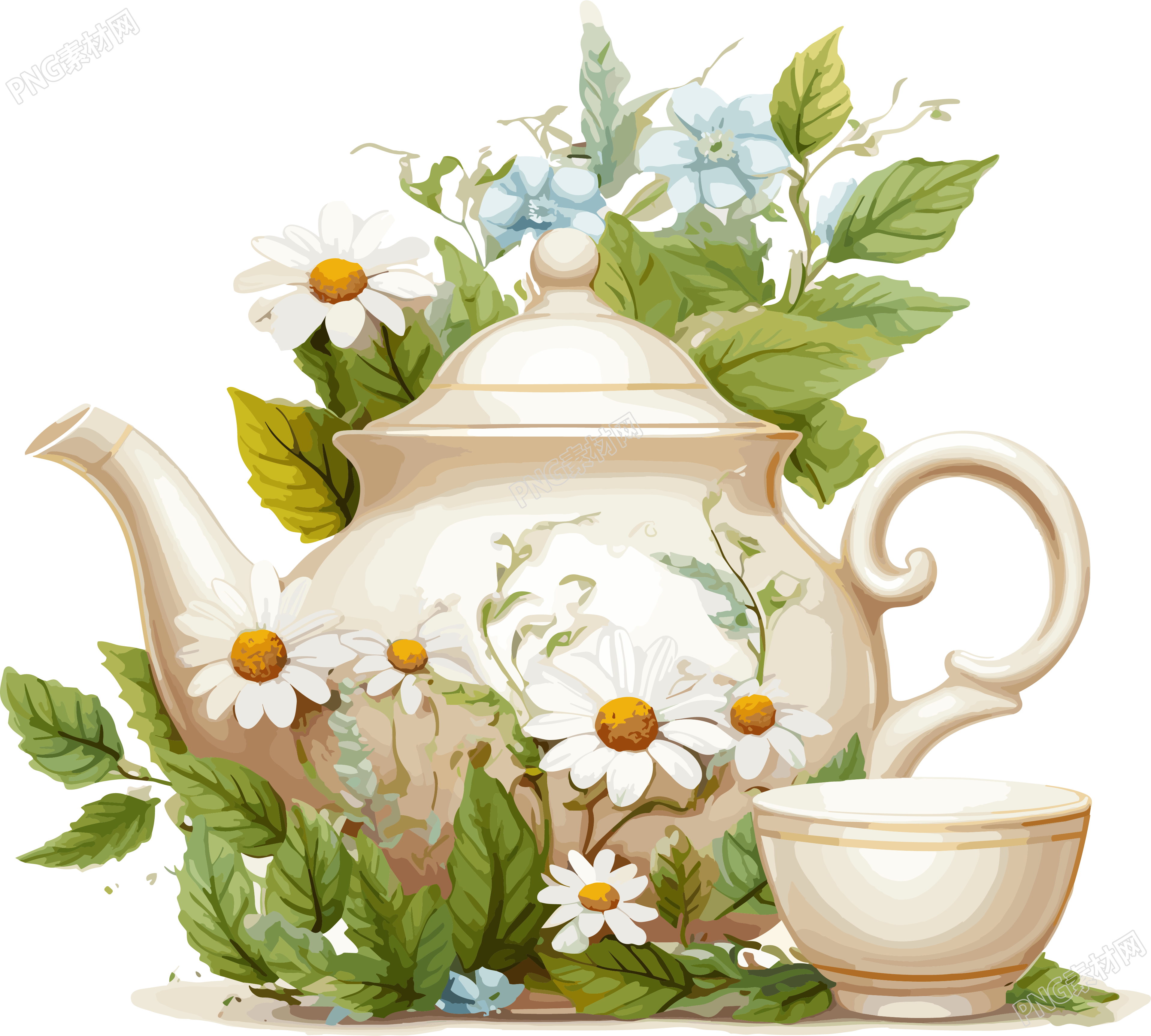 白色雏菊花茶壶自然与人造元素