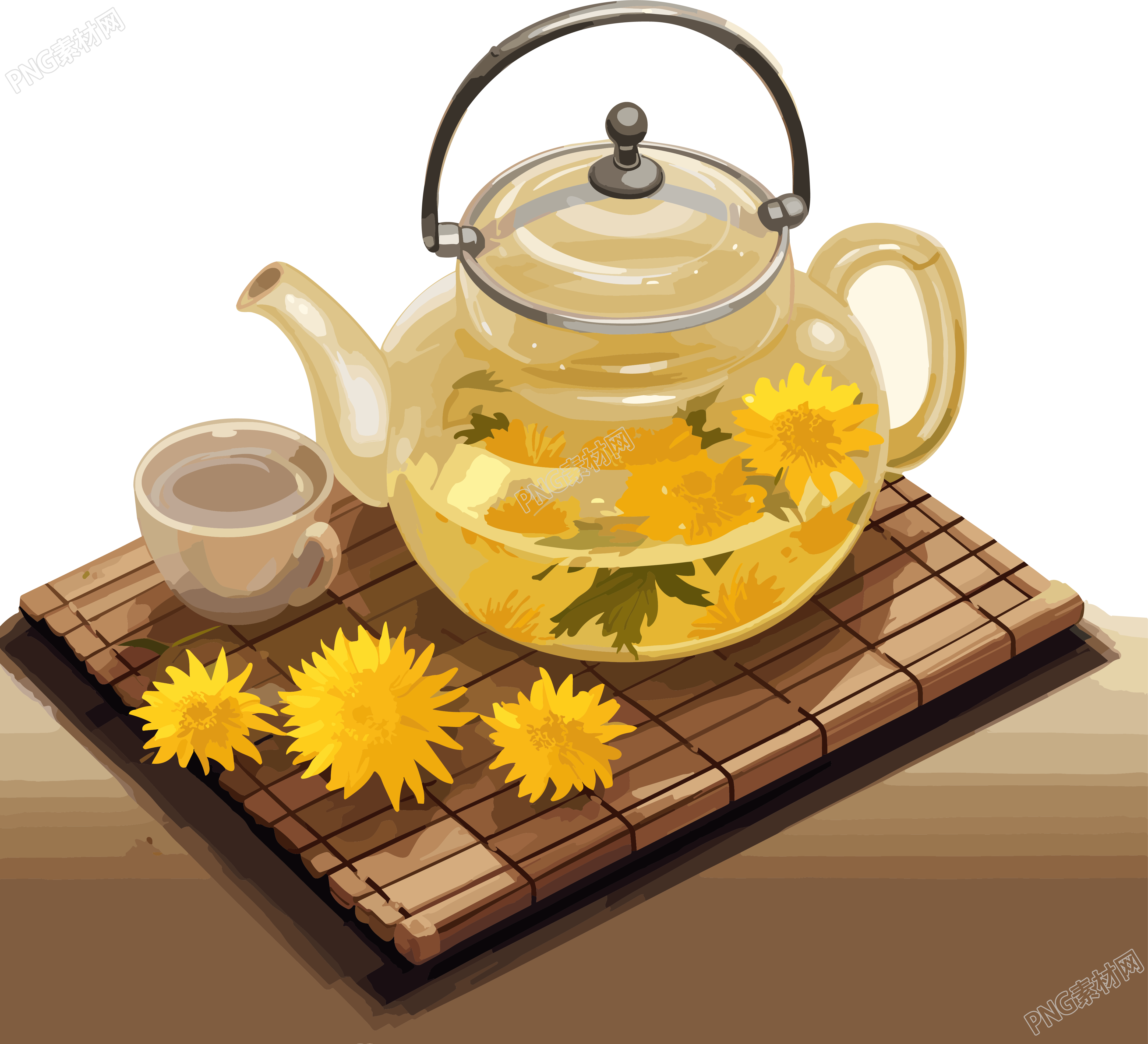 透明色彩的黄花茶壶插画素材