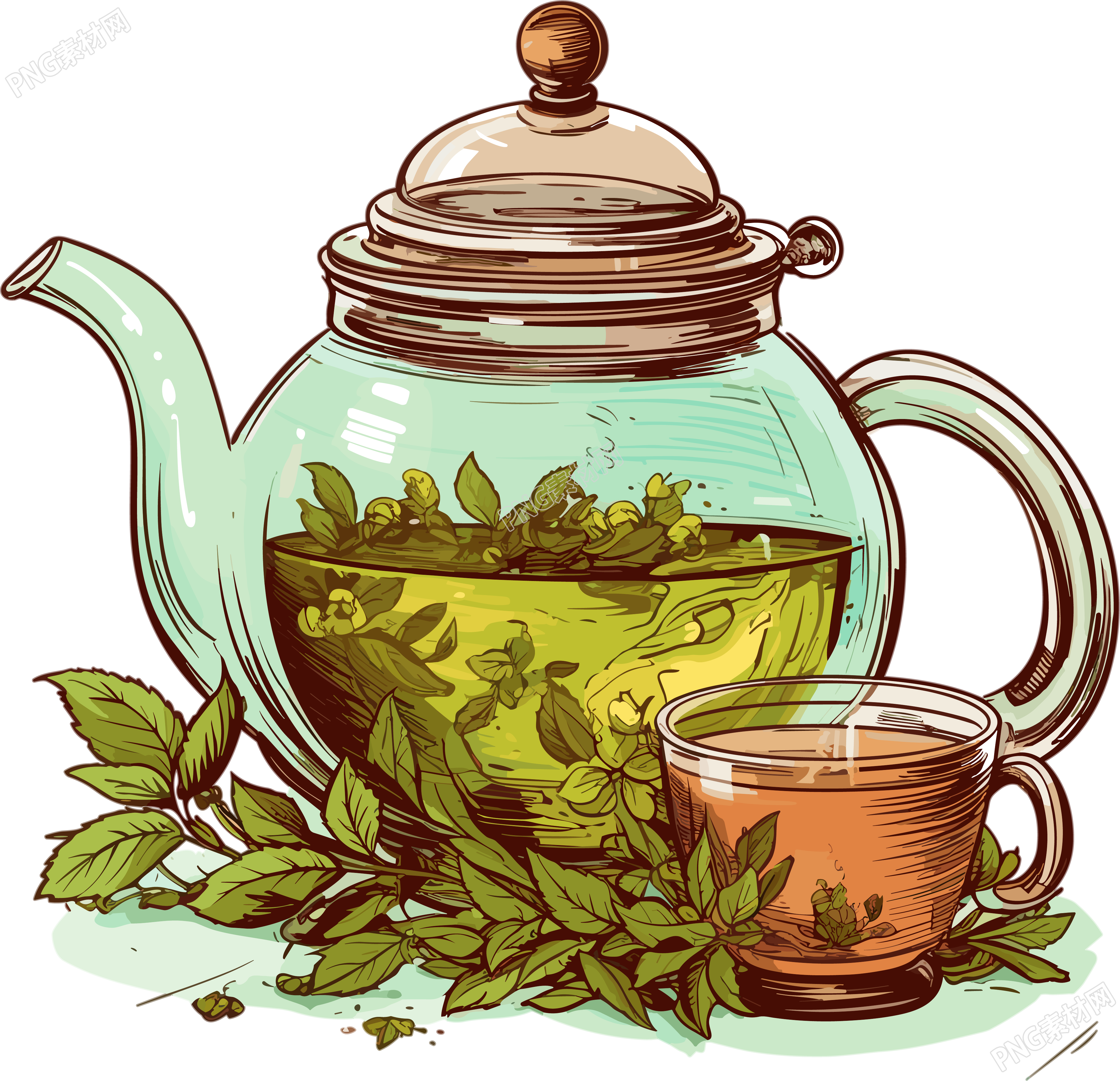 透明色茶壶与黄色花朵图案饰垫插画