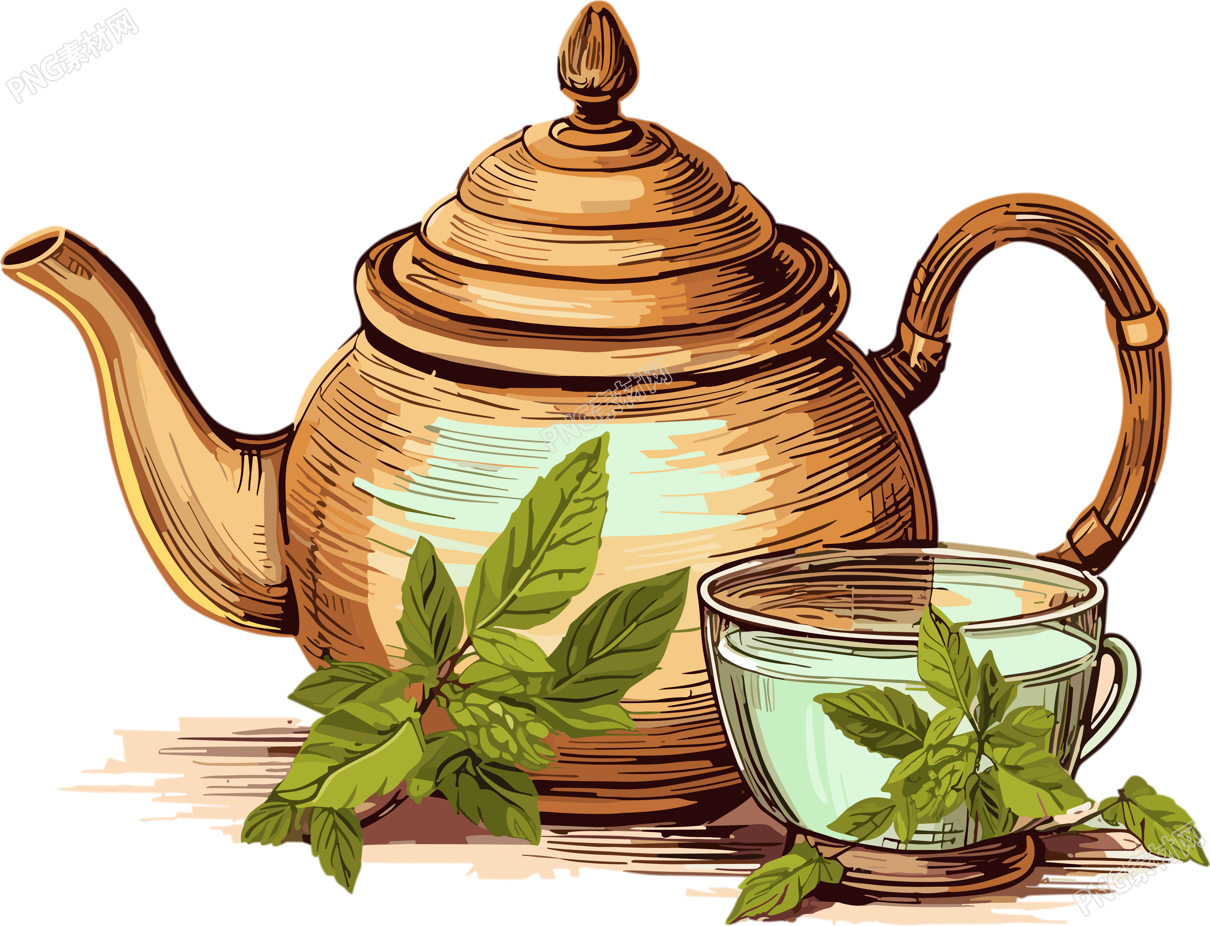 带薄荷叶和茶壶的木质茶壶金色时代插画