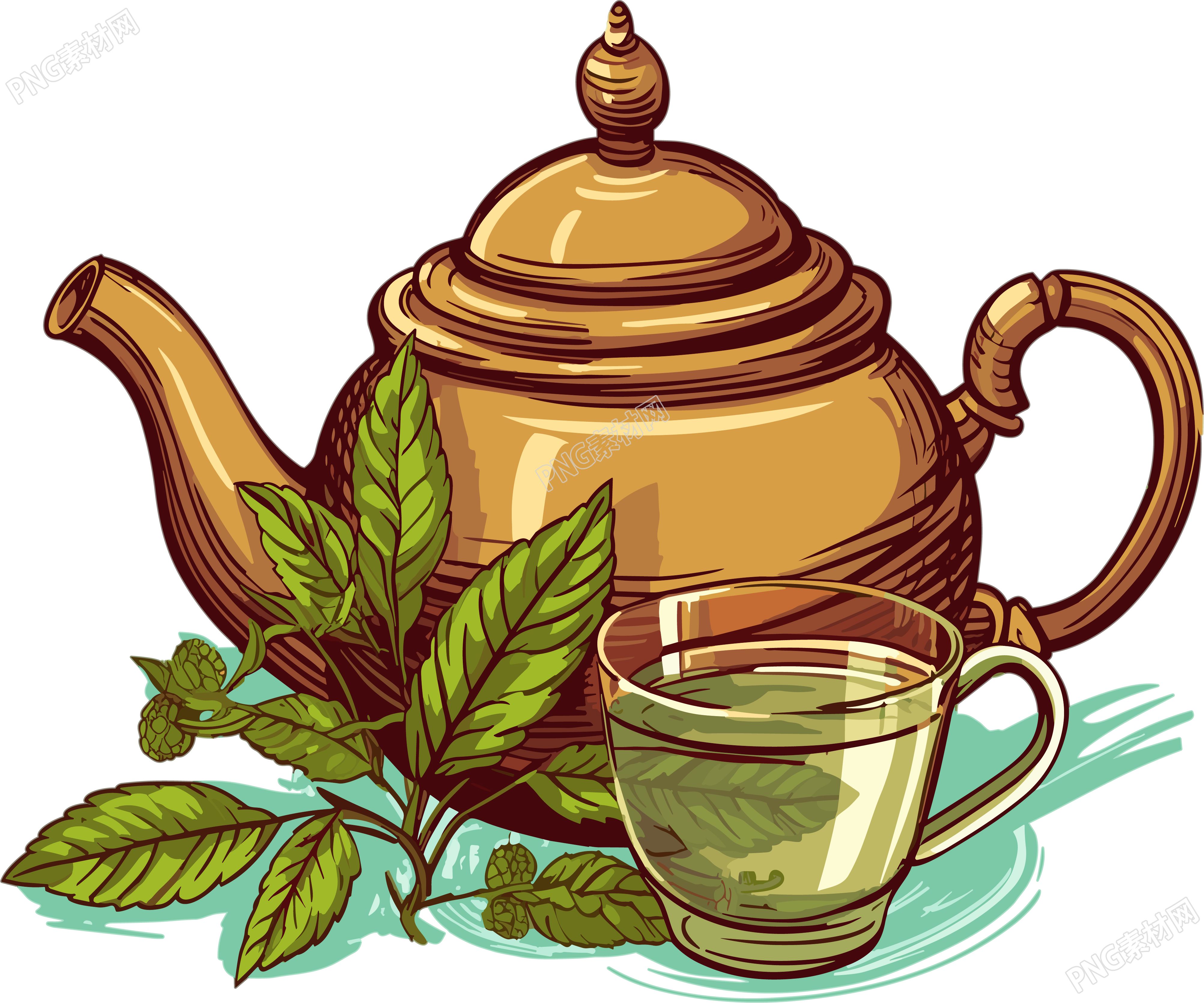 木质茶壶与薄荷叶茶壶元素