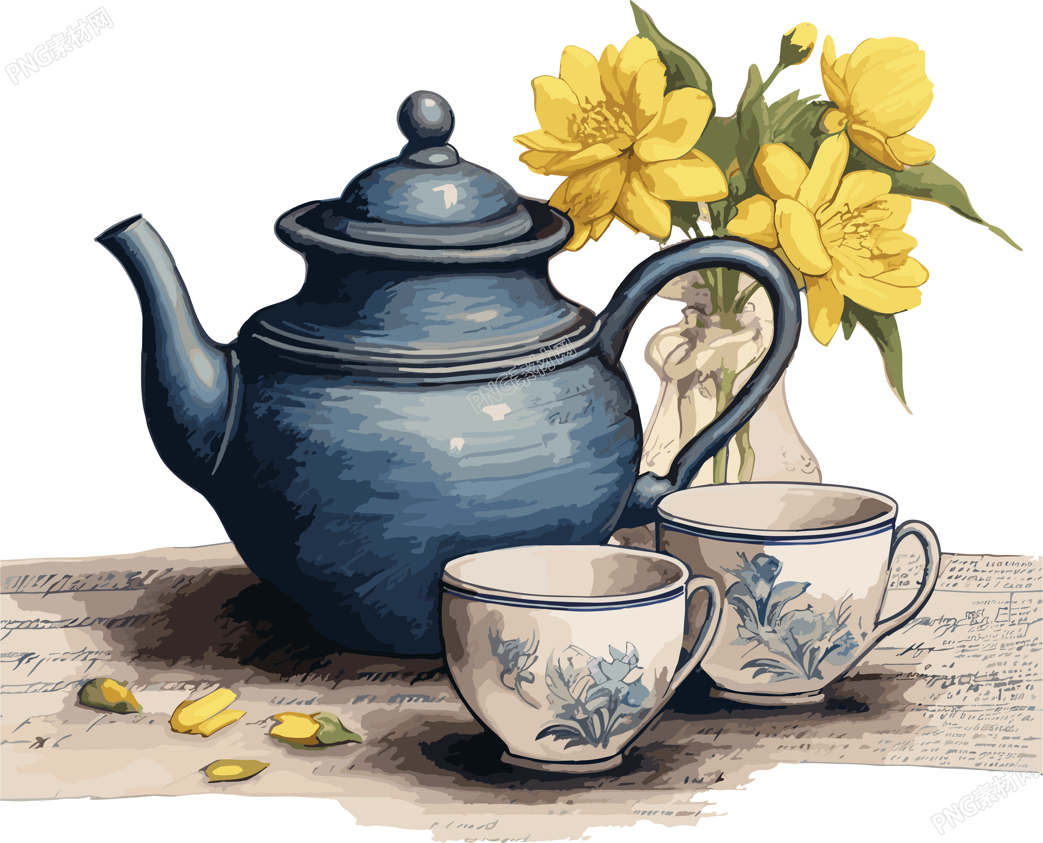 精美的蓝色茶壶白色茶杯插画设计