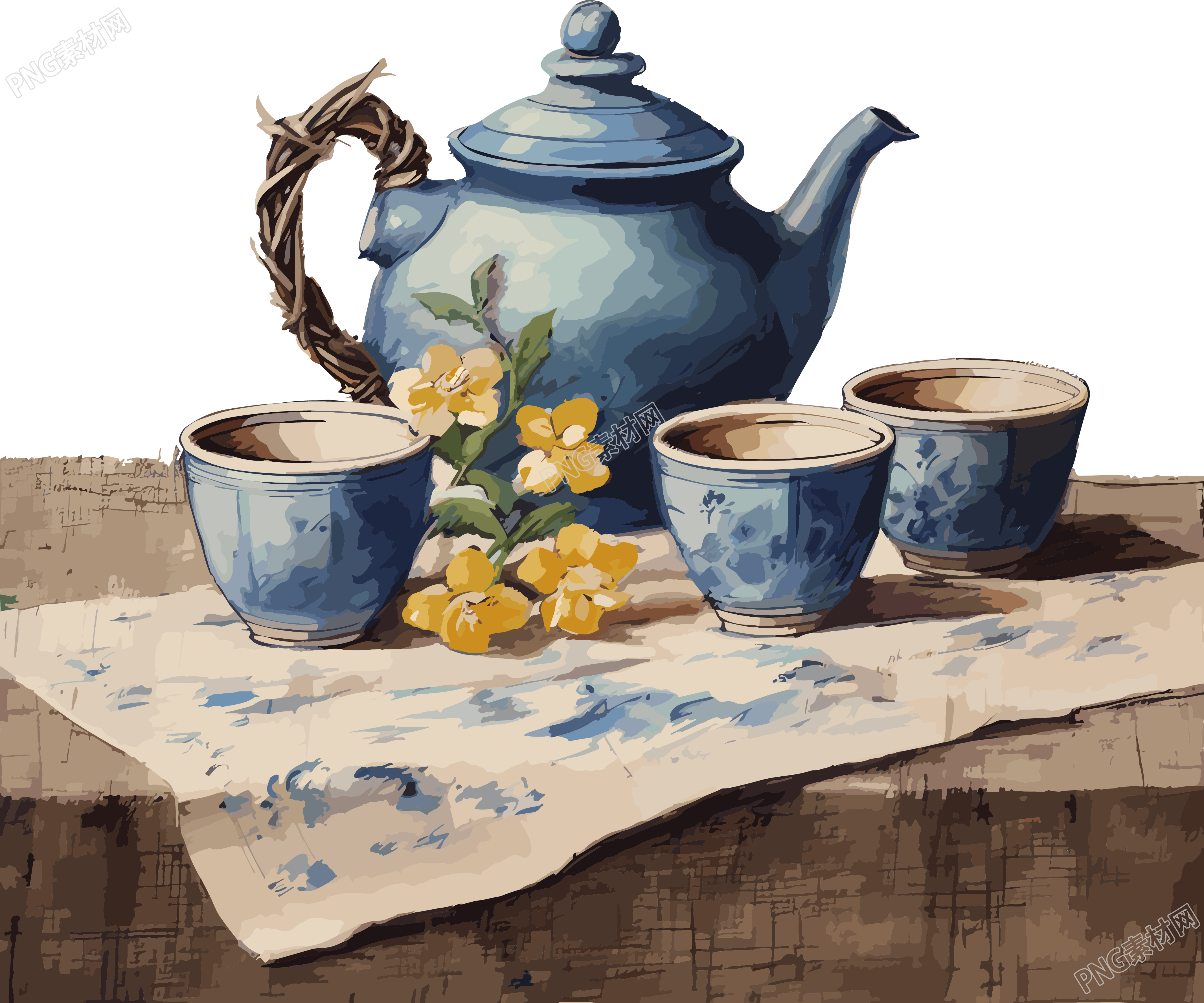 三个蓝色茶杯和茶壶在棕色布料上插画素材
