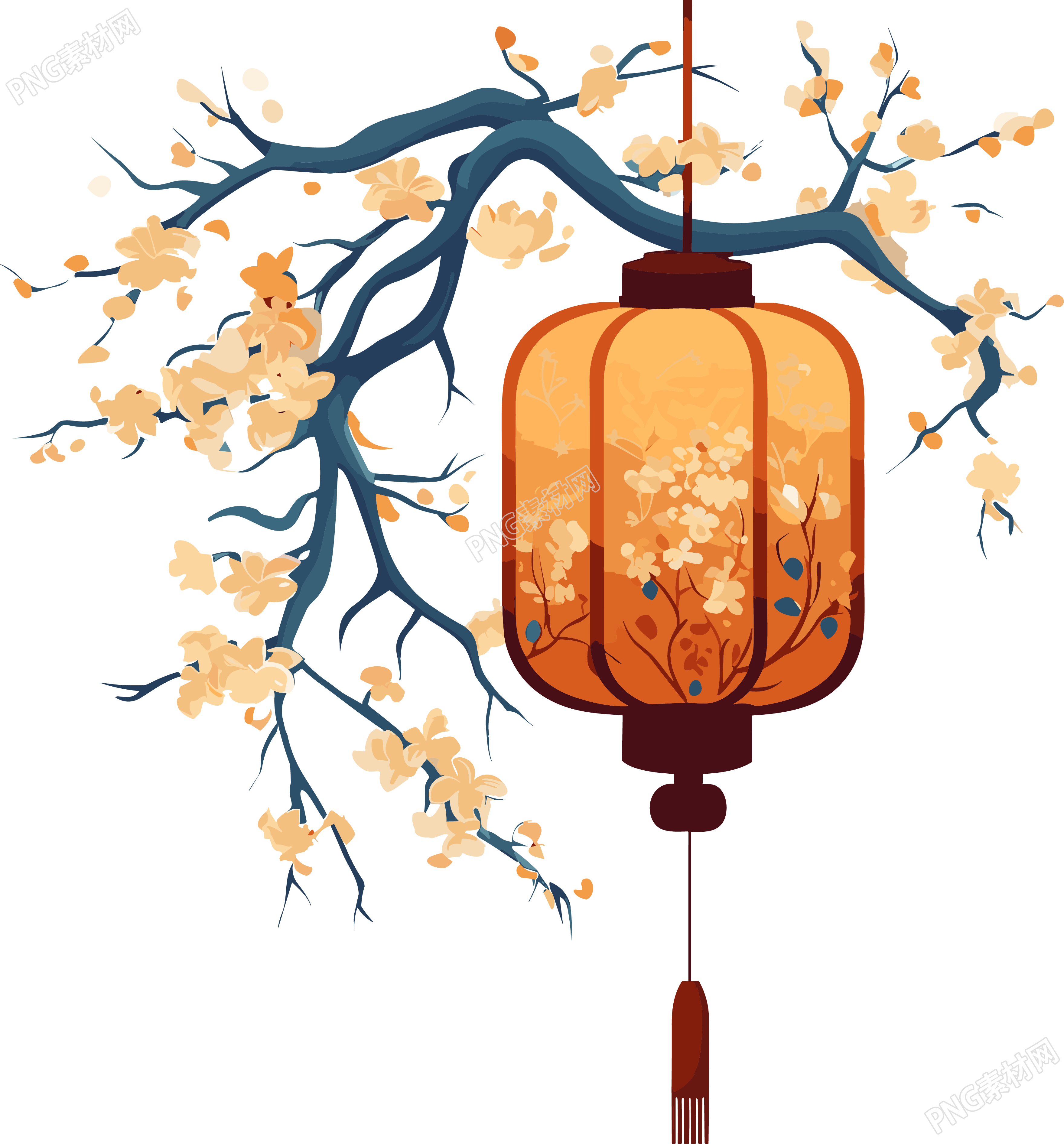 树枝上挂着的中国灯笼插画