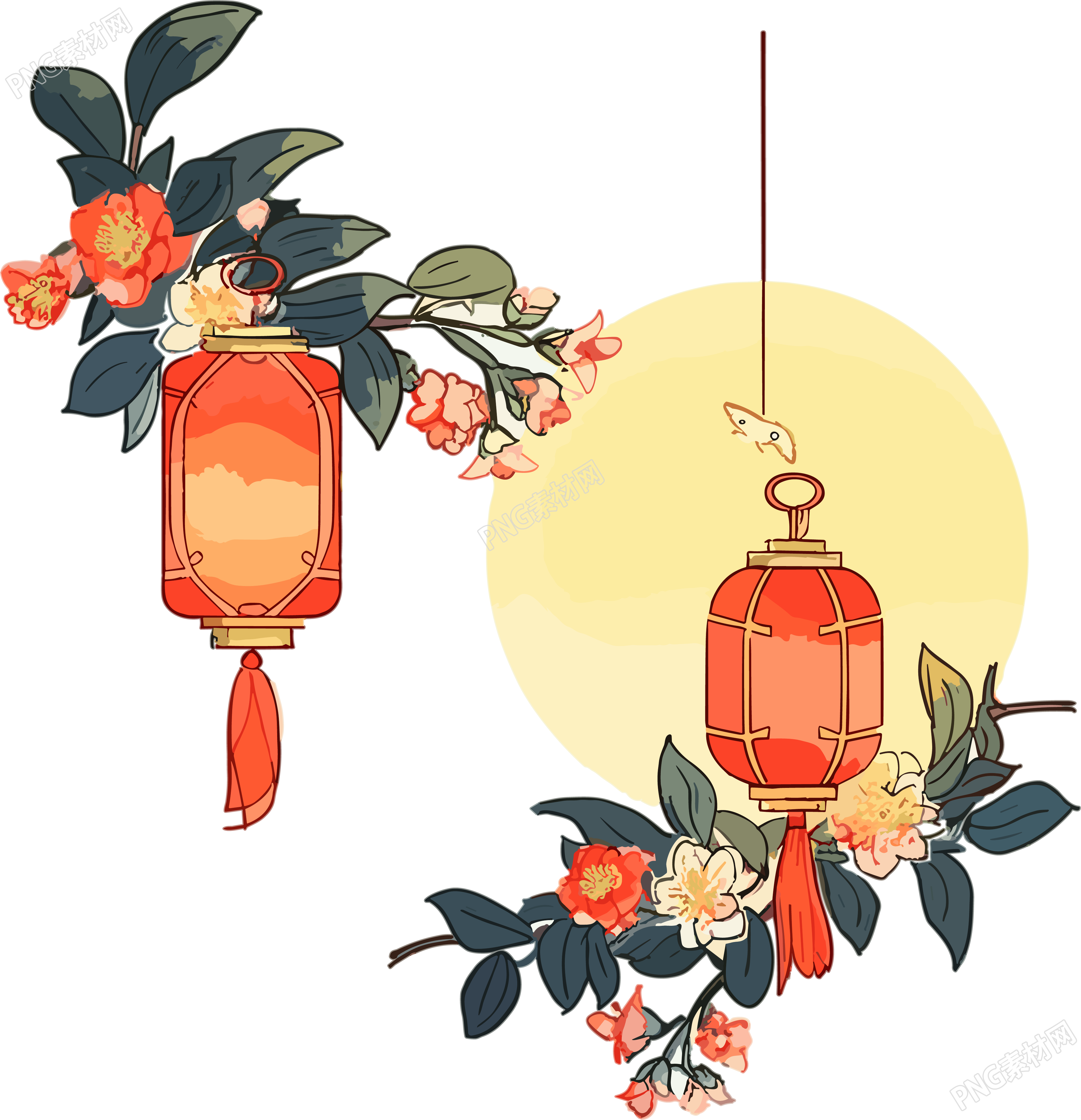 透明背景中秋节红灯笼月亮插画PNG素材