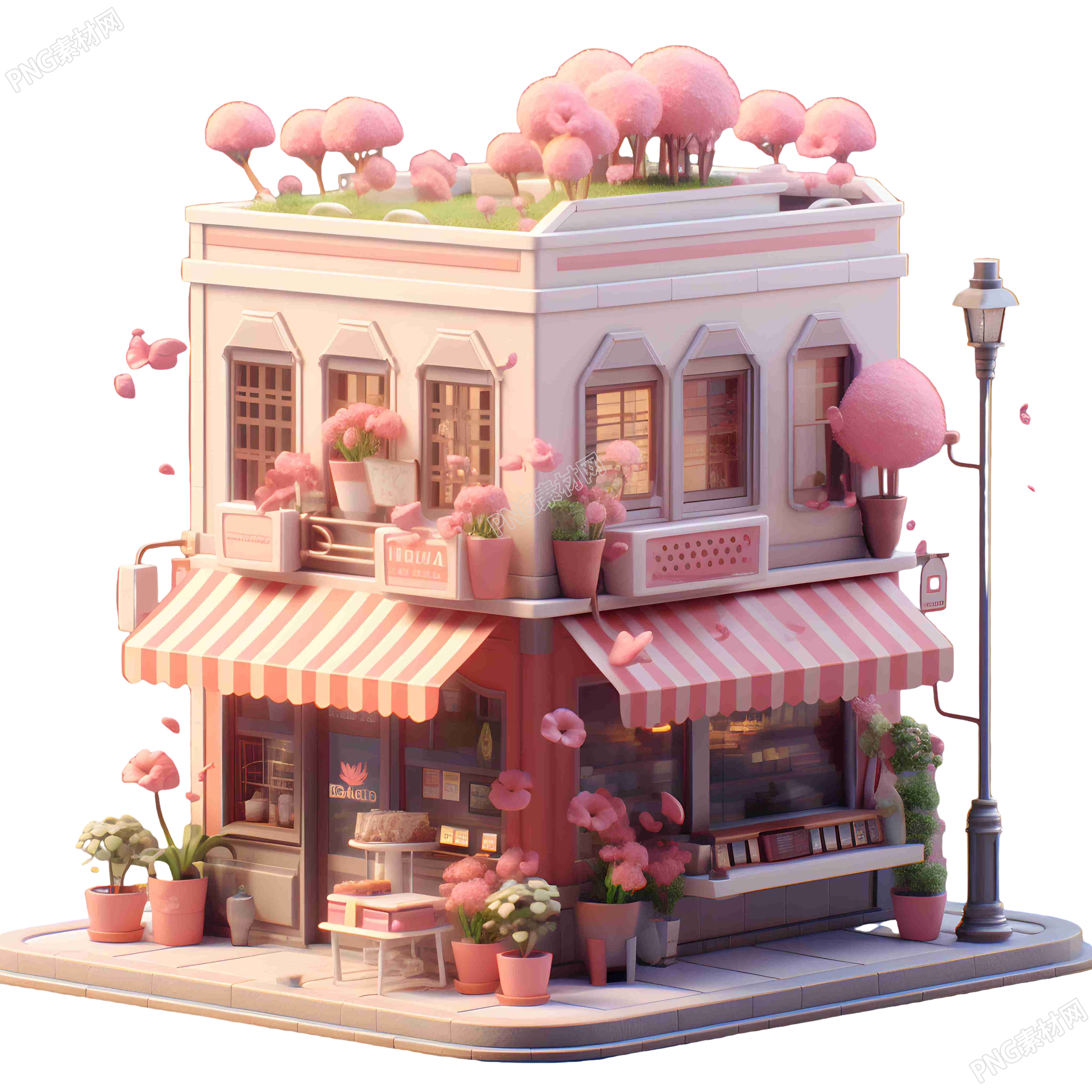 可爱建筑与粉色花朵的3D模型素材