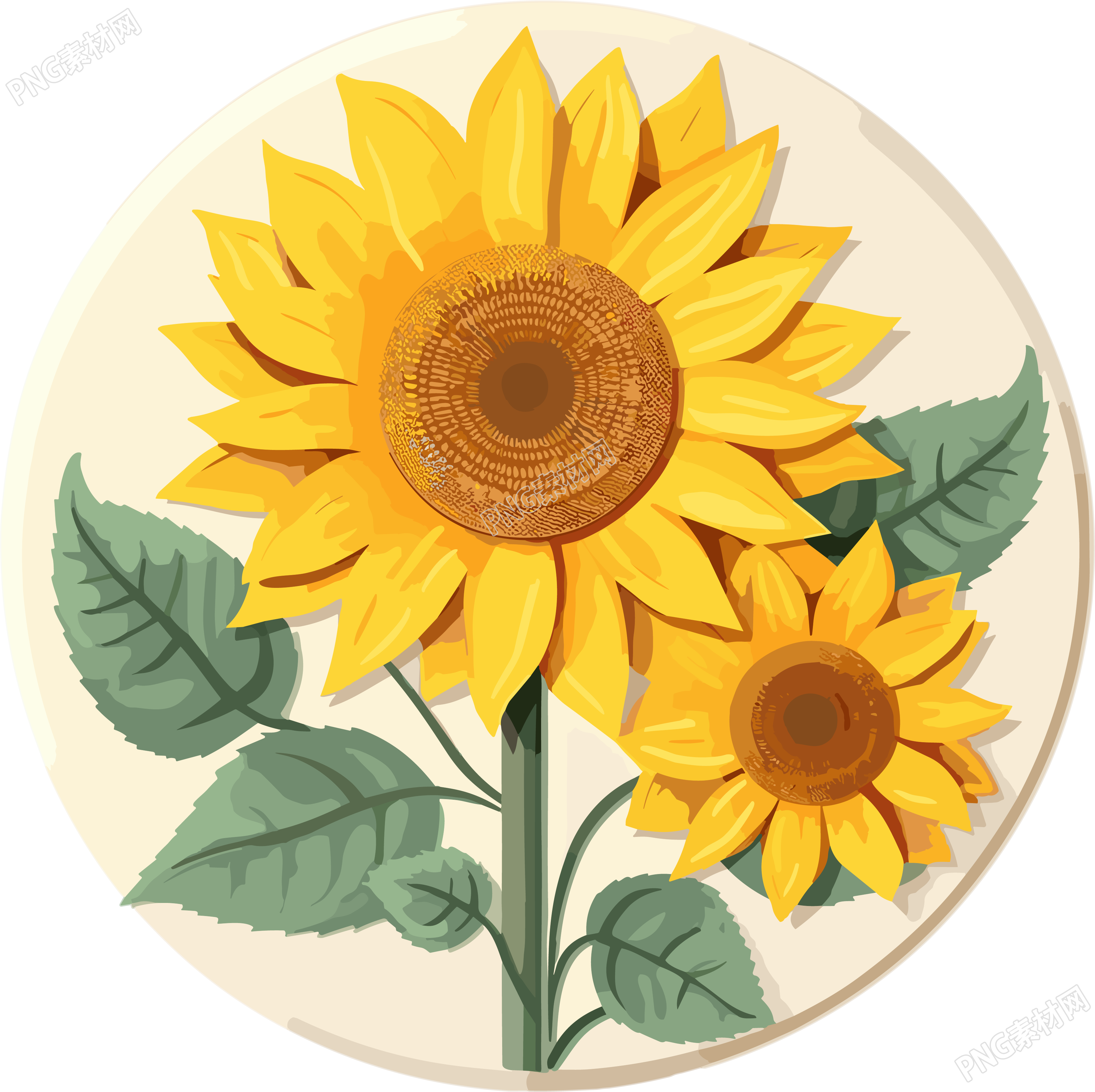 两朵带叶的向日葵白底画作创意素材