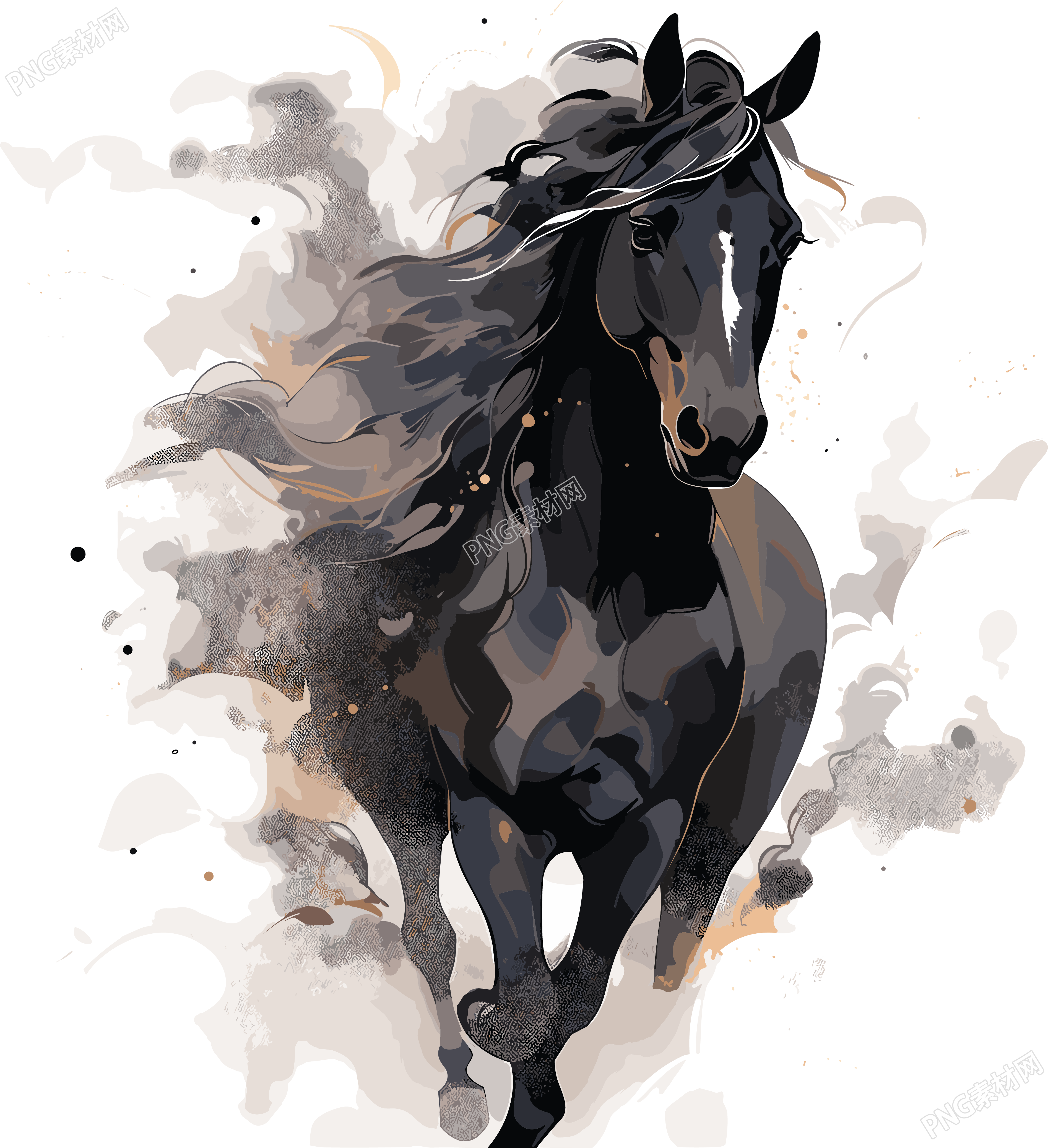 黑色野马水彩插画