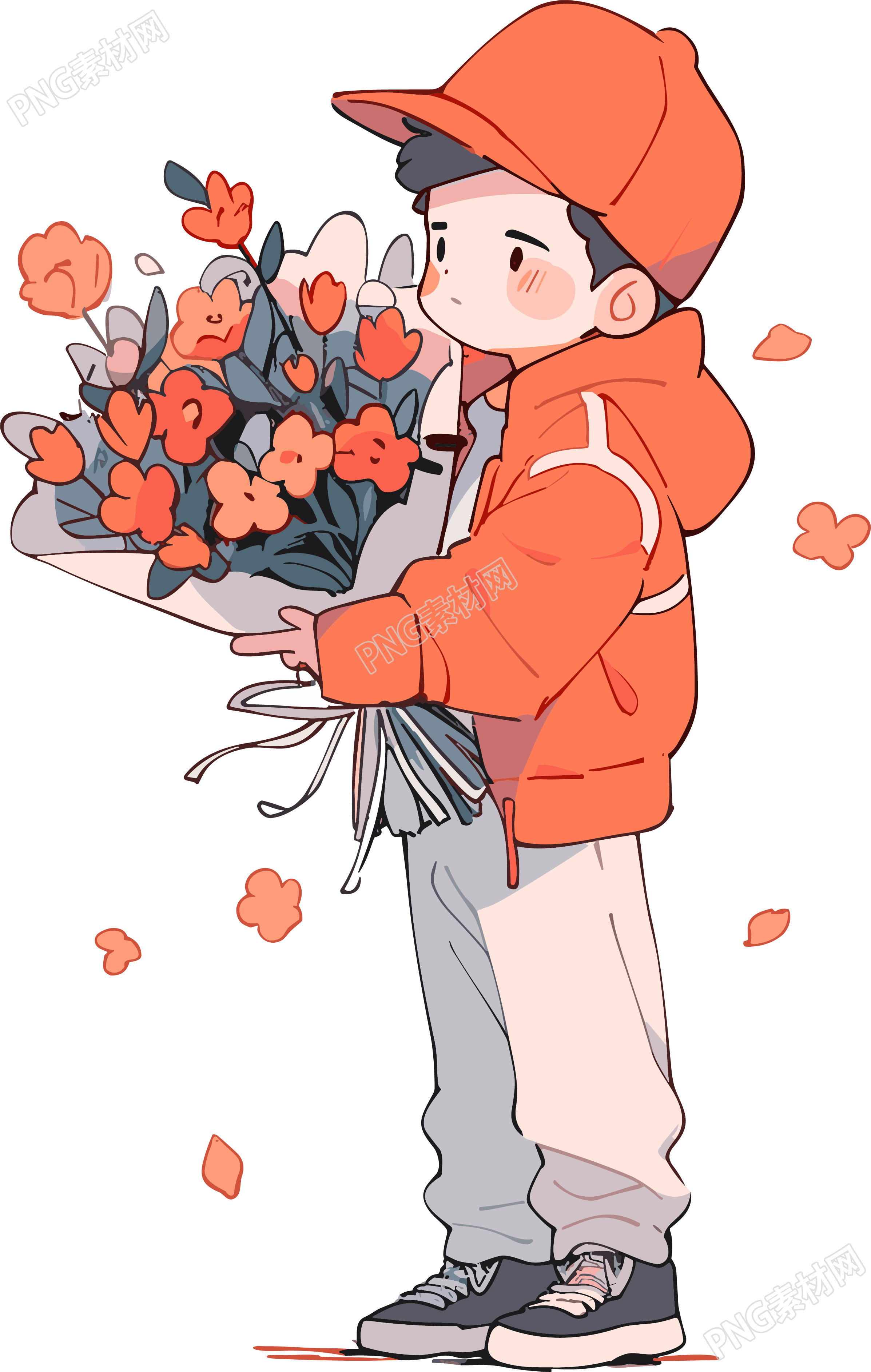 卡通小男孩手持花束插画素材