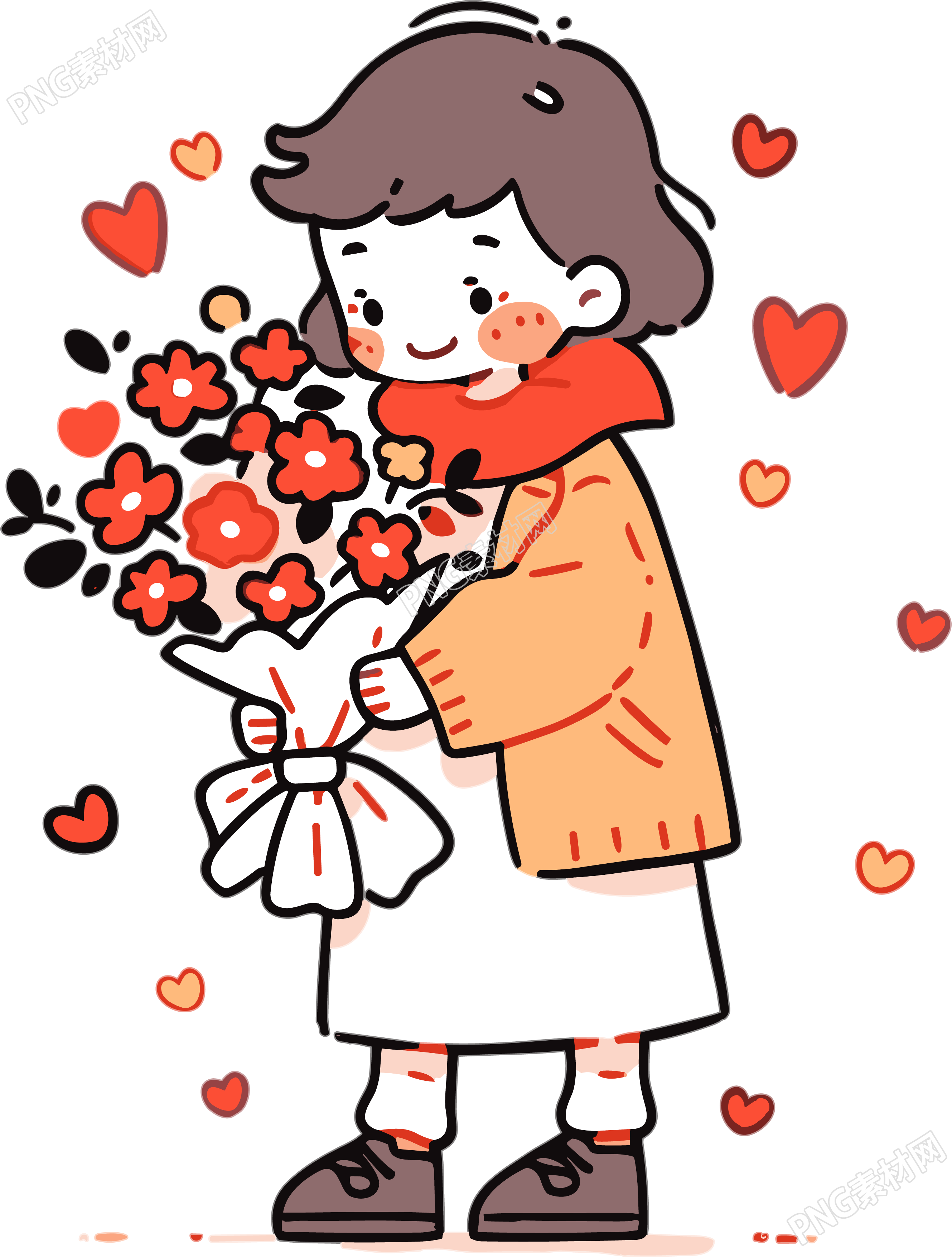 可爱女孩手持花束的简笔画插图