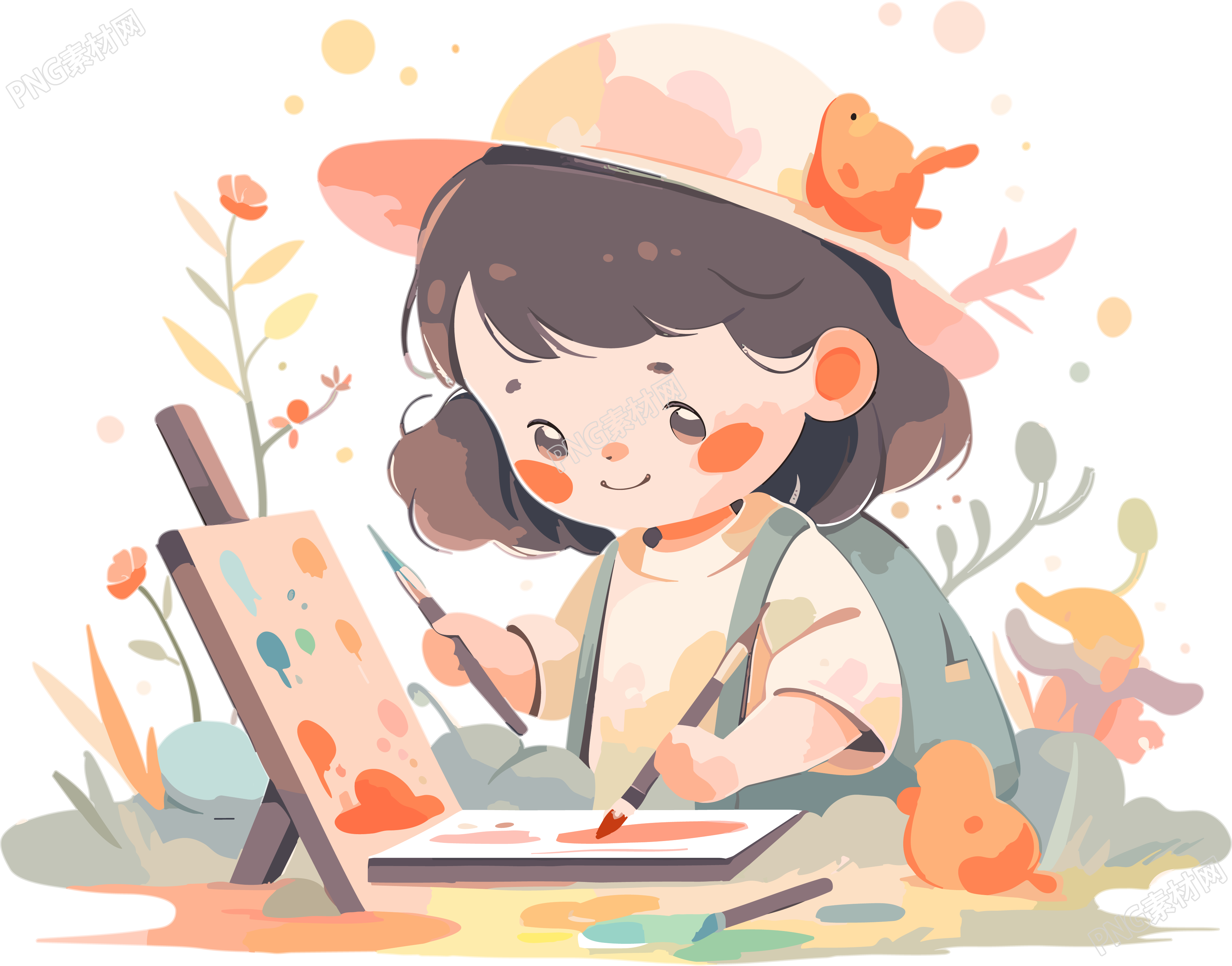 画画的小女孩可商用手绘插画设计