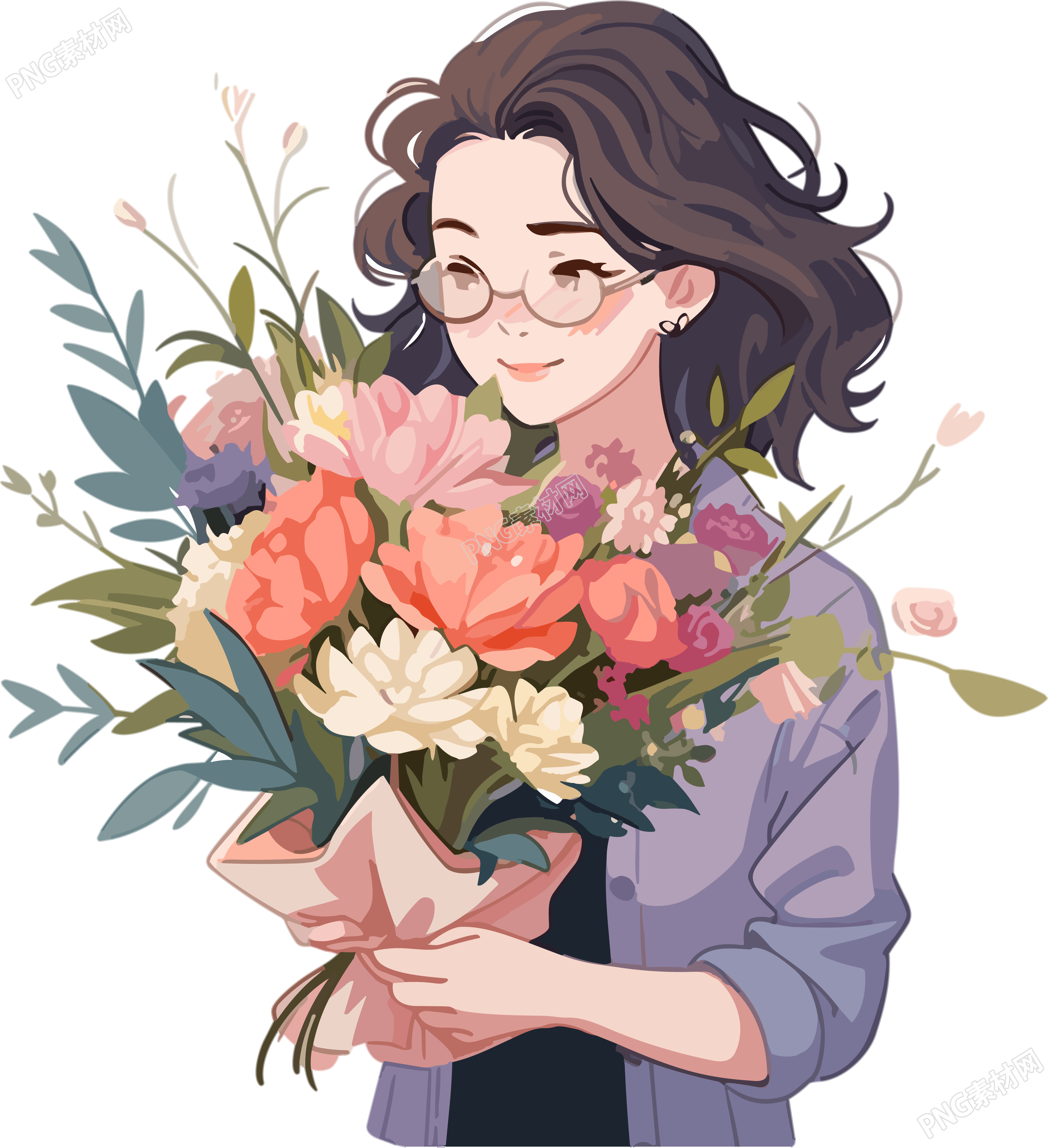手绘插画美丽花束和女老师PNG素材