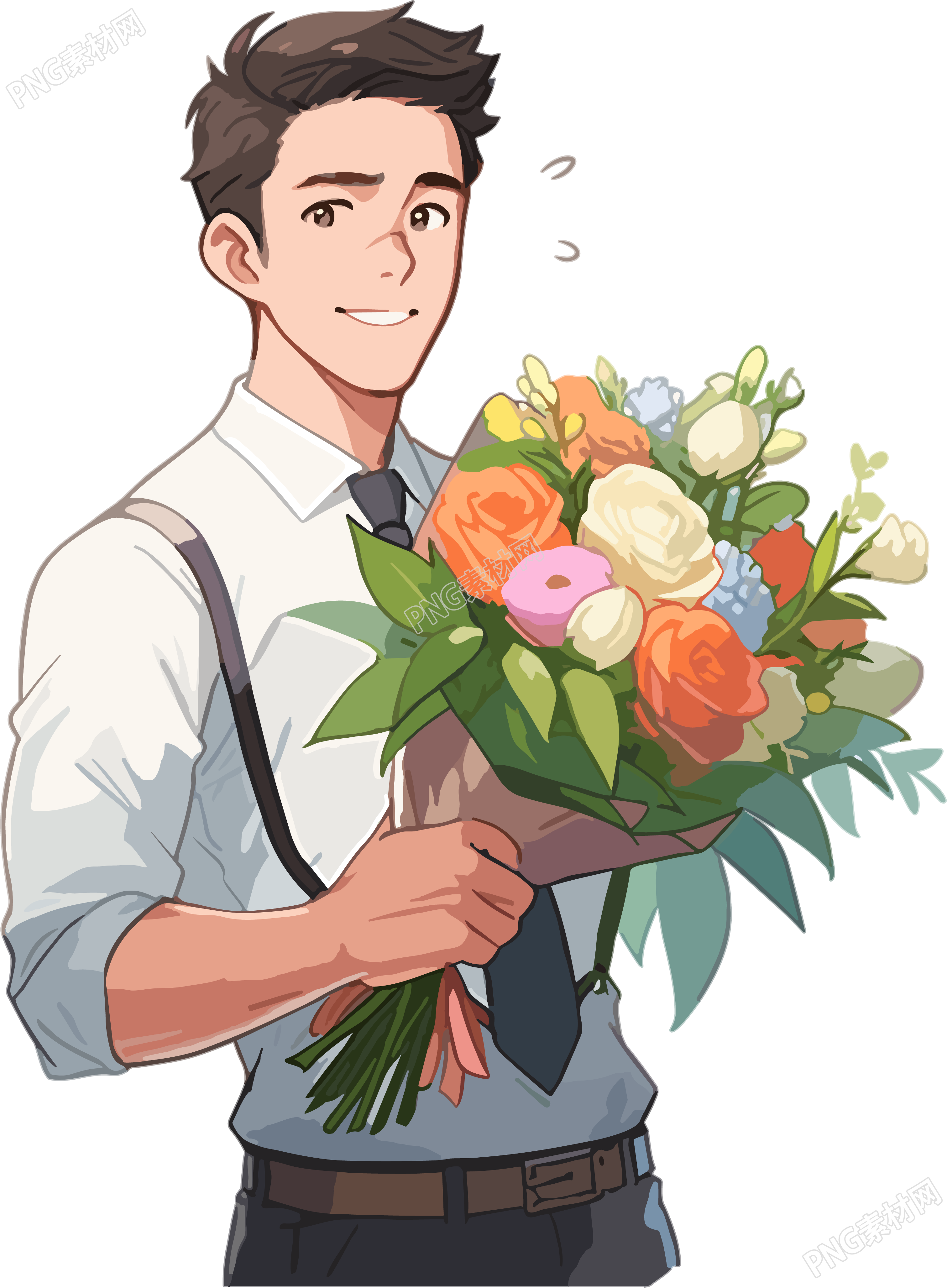 手绘男老师手拿鲜花插画设计元素