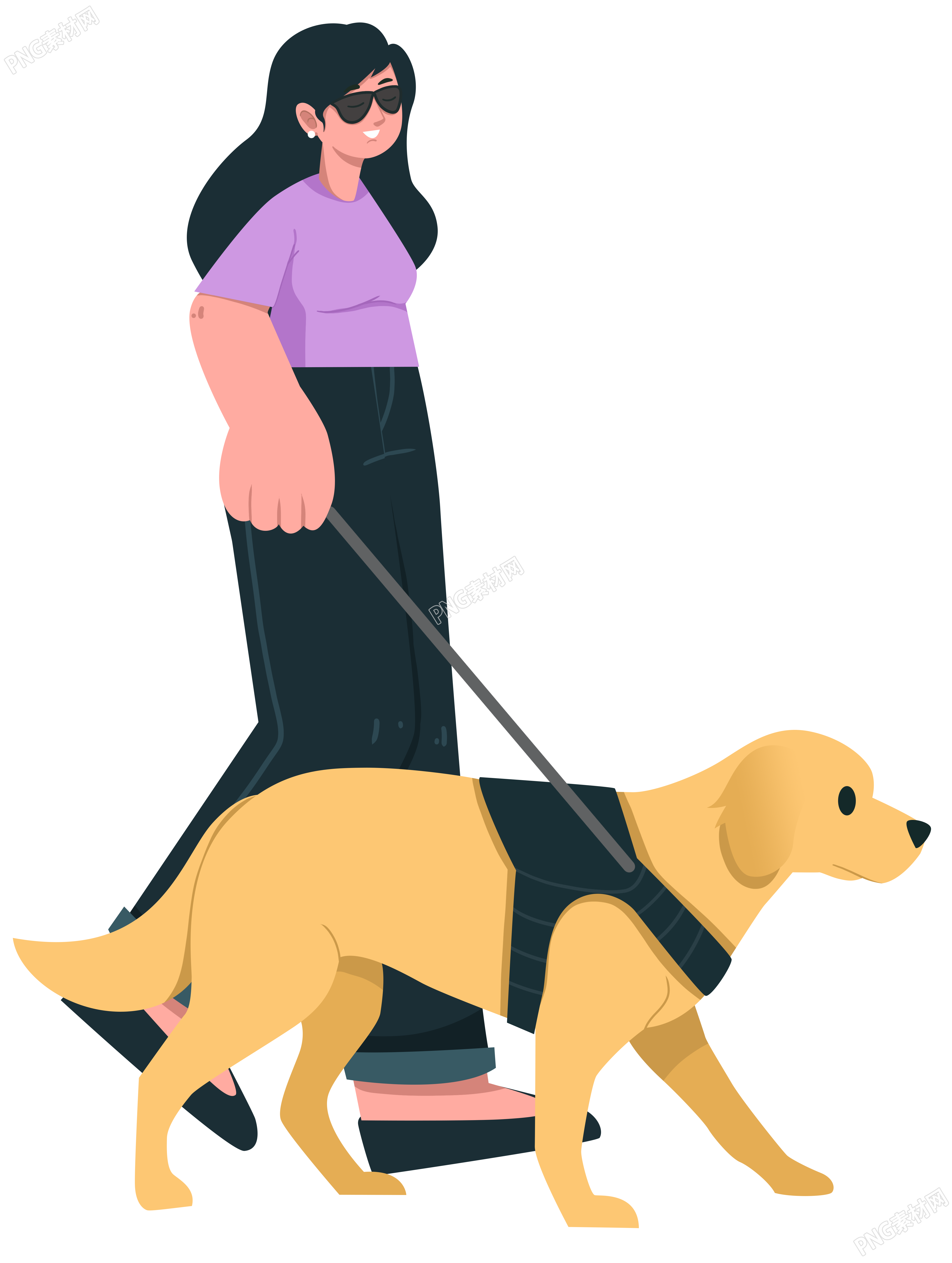 手牵着导盲犬的女性盲人商用插图