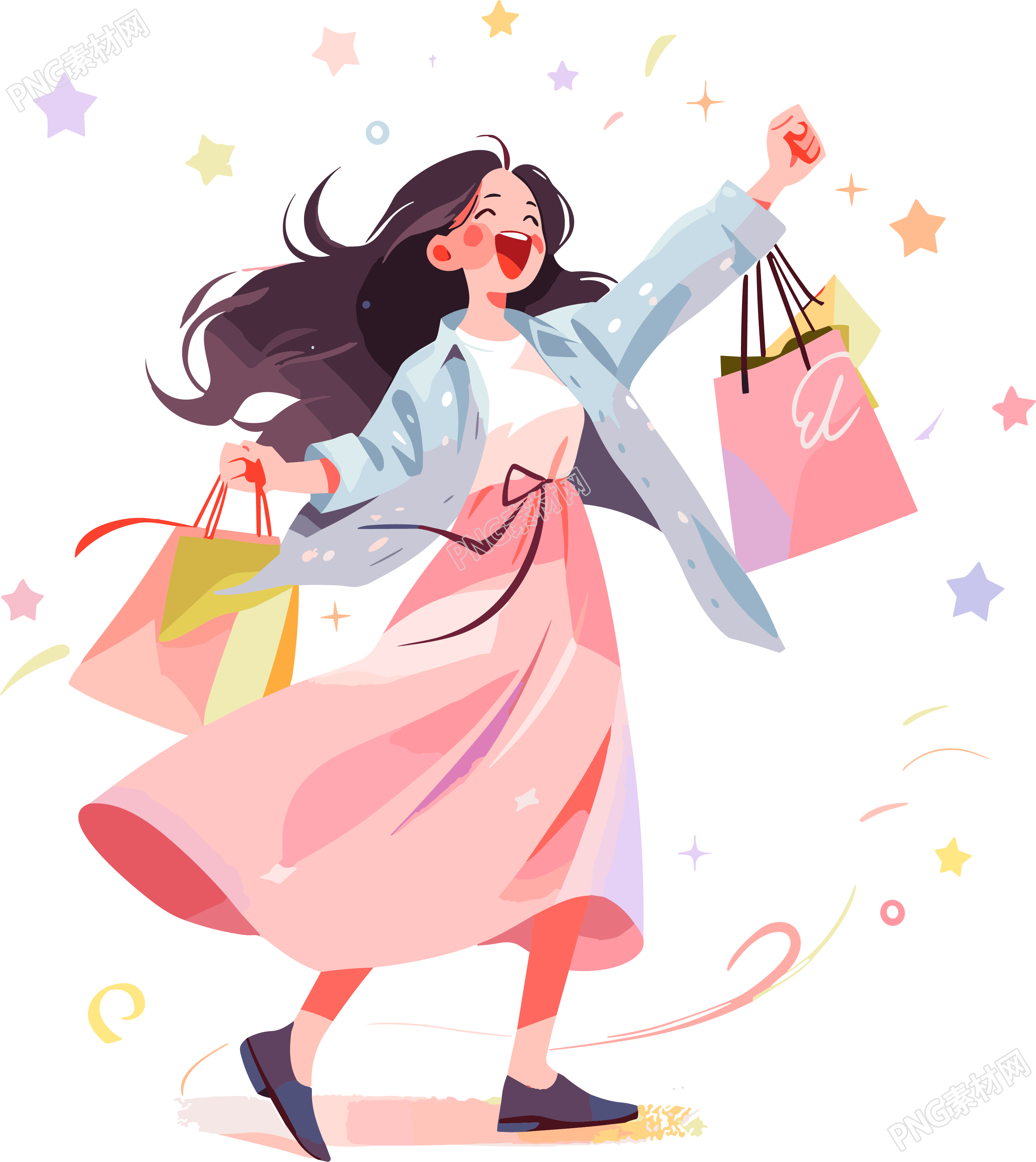 女性购物愉快的2D图形插画