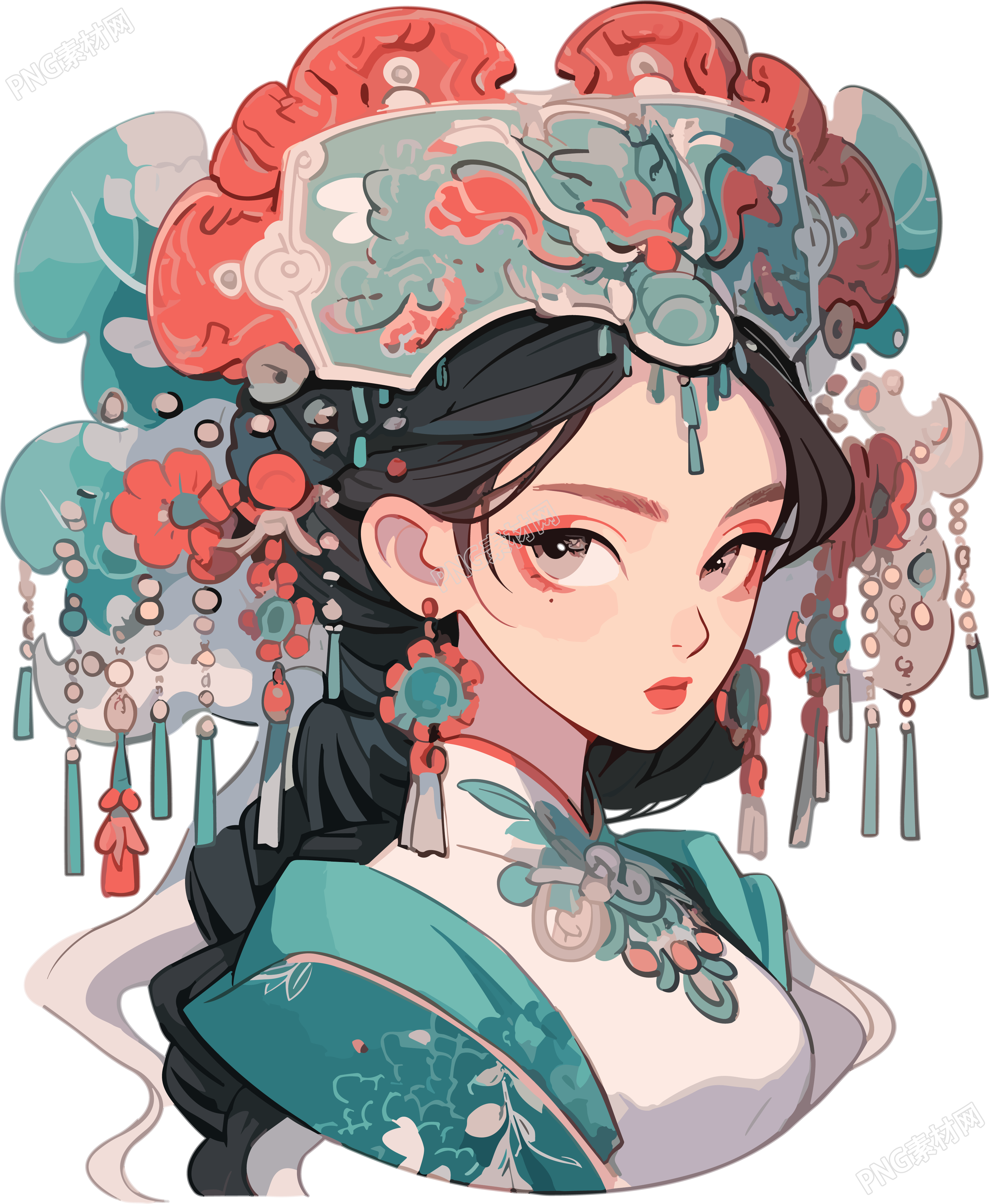红蓝色华丽头饰装饰的中国女孩PNG插画素材