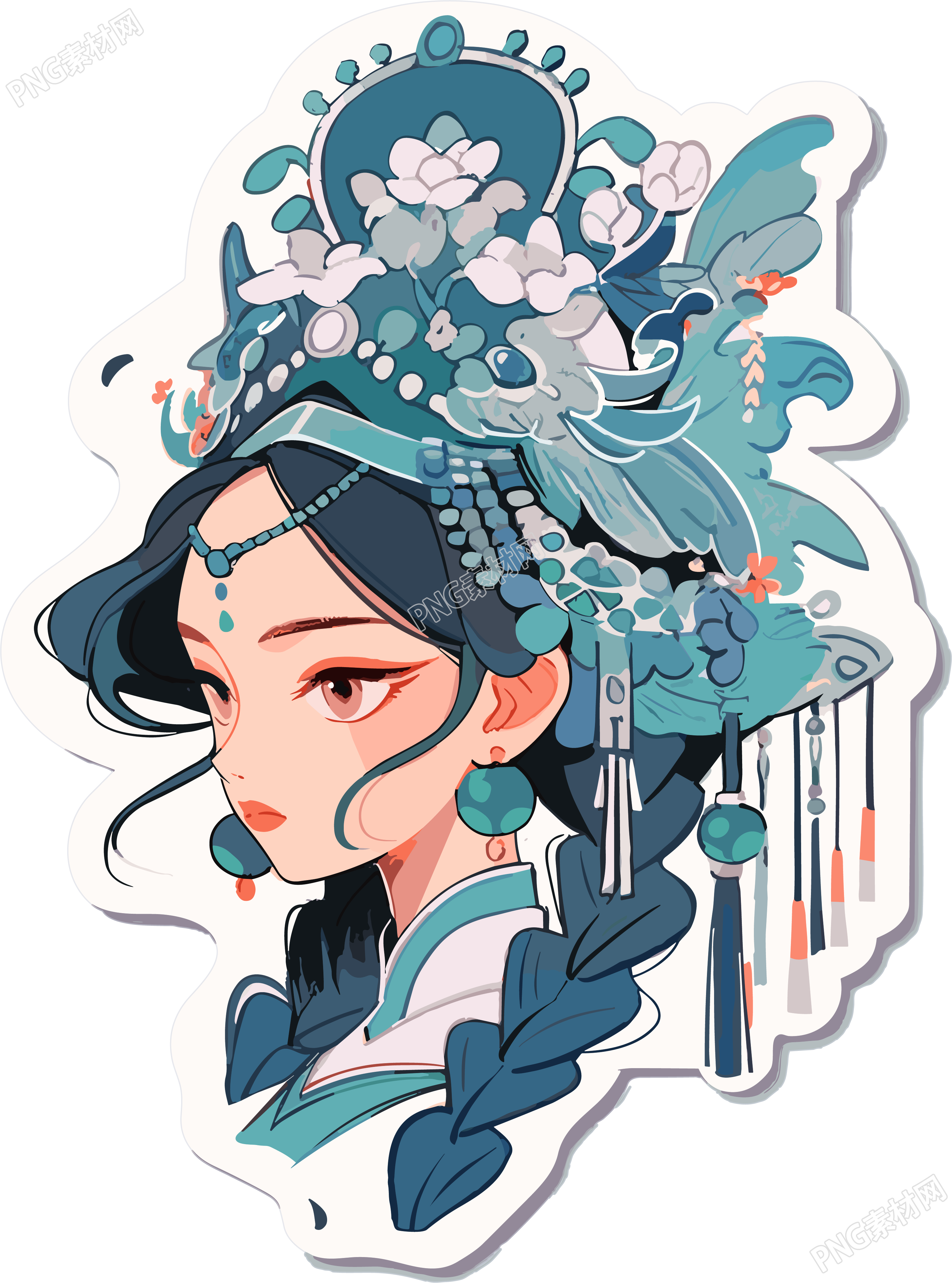 蓝色女孩装饰头饰的插画设计素材