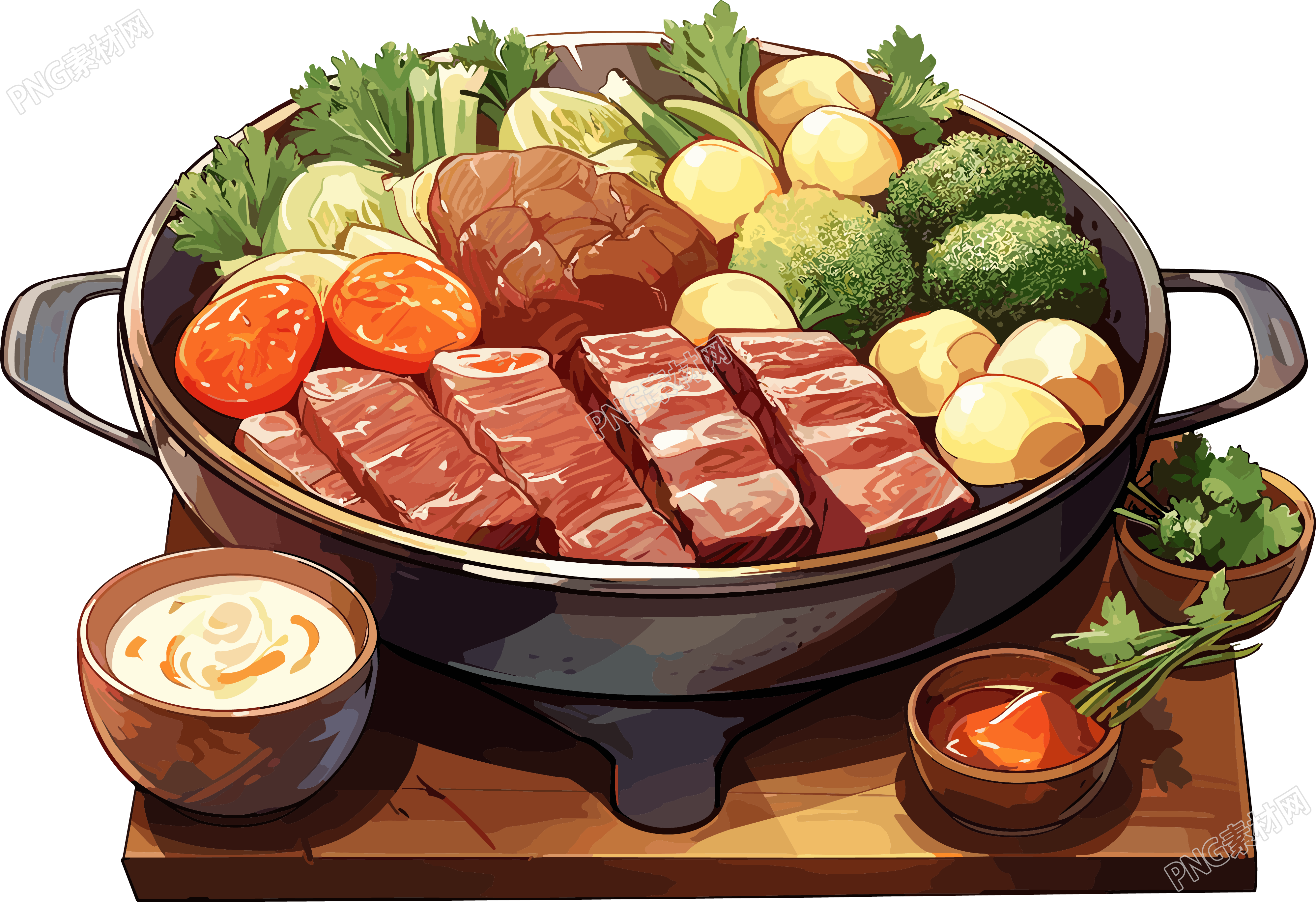 摆满牛肉和蔬菜的营养火锅素材
