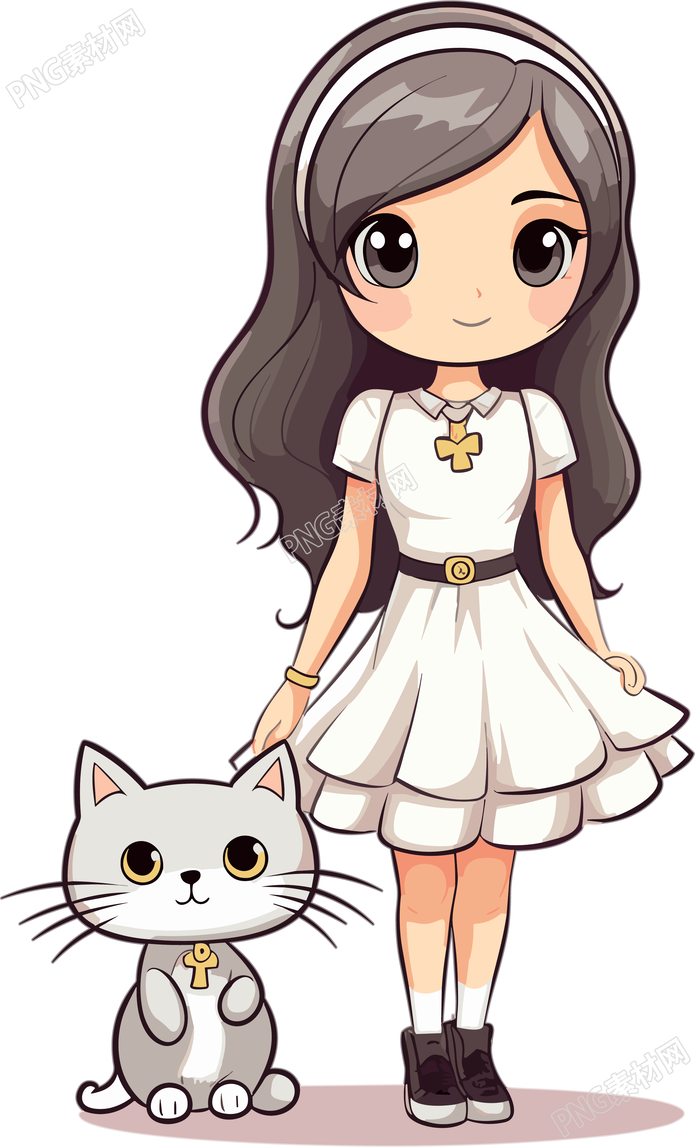 穿著白色裙子卡通女孩和灰色小貓插畫