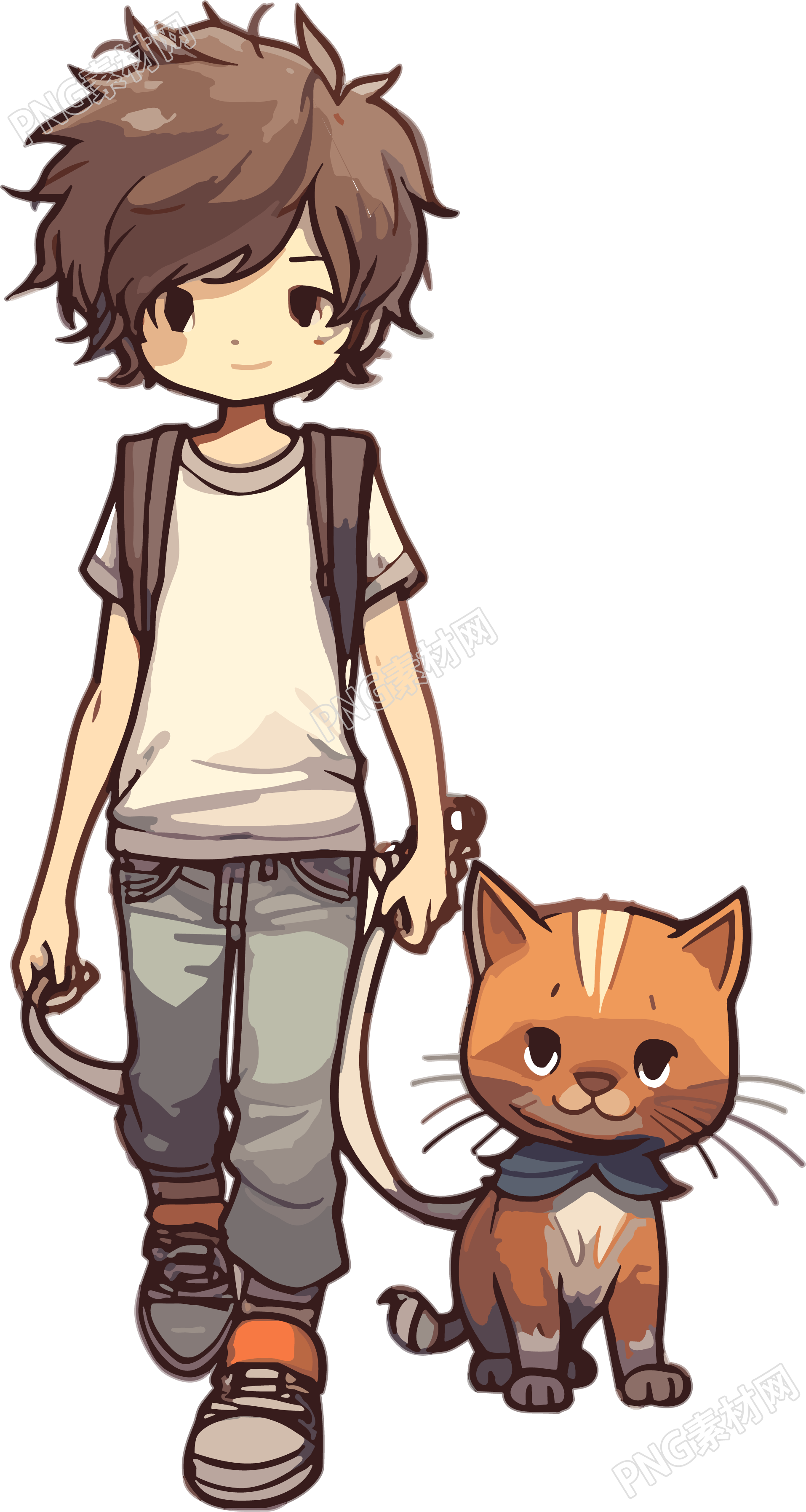 可爱男孩牵着猫咪创意插画设计素材