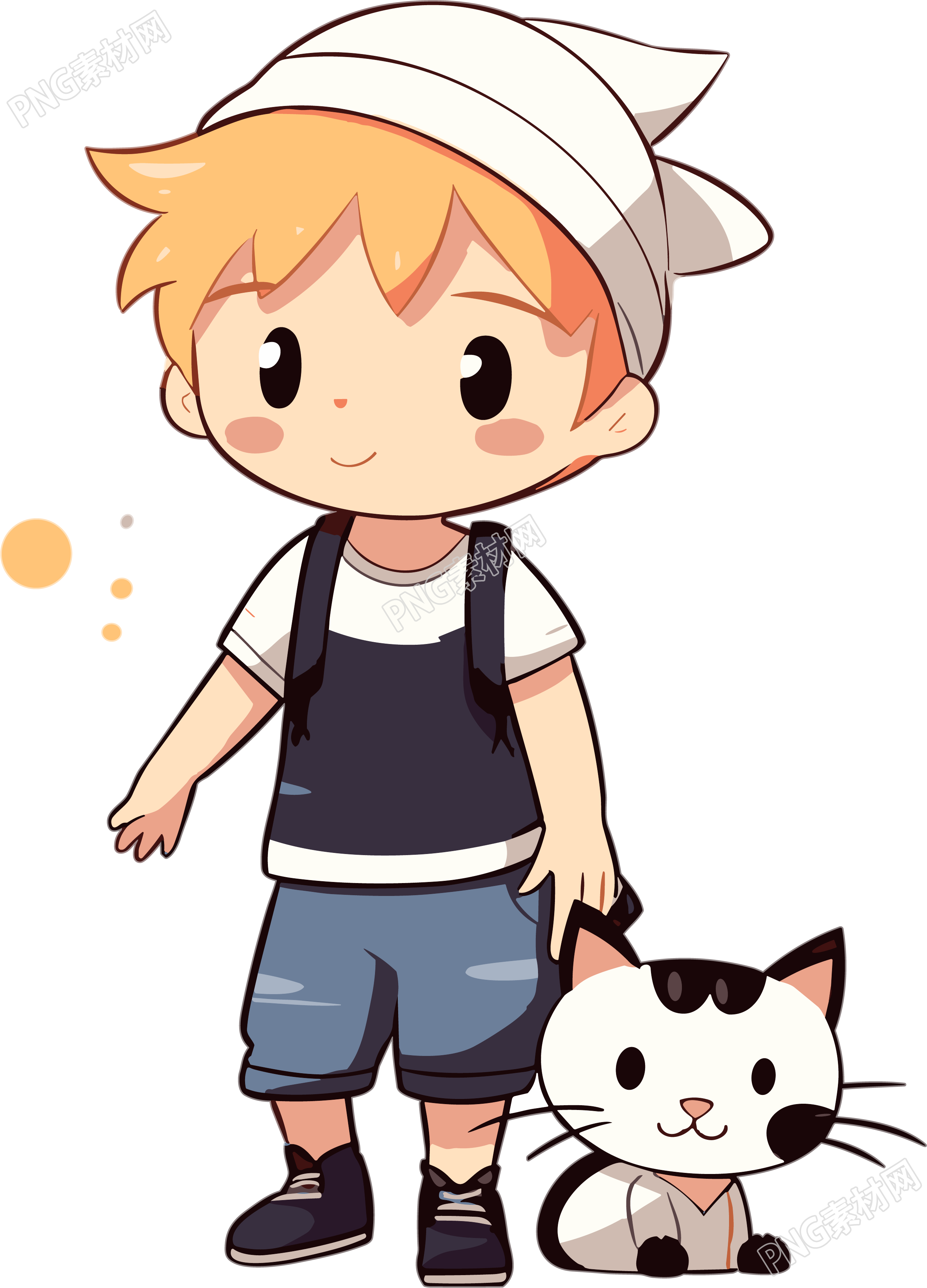 可商用卡通男孩和小花猫插画