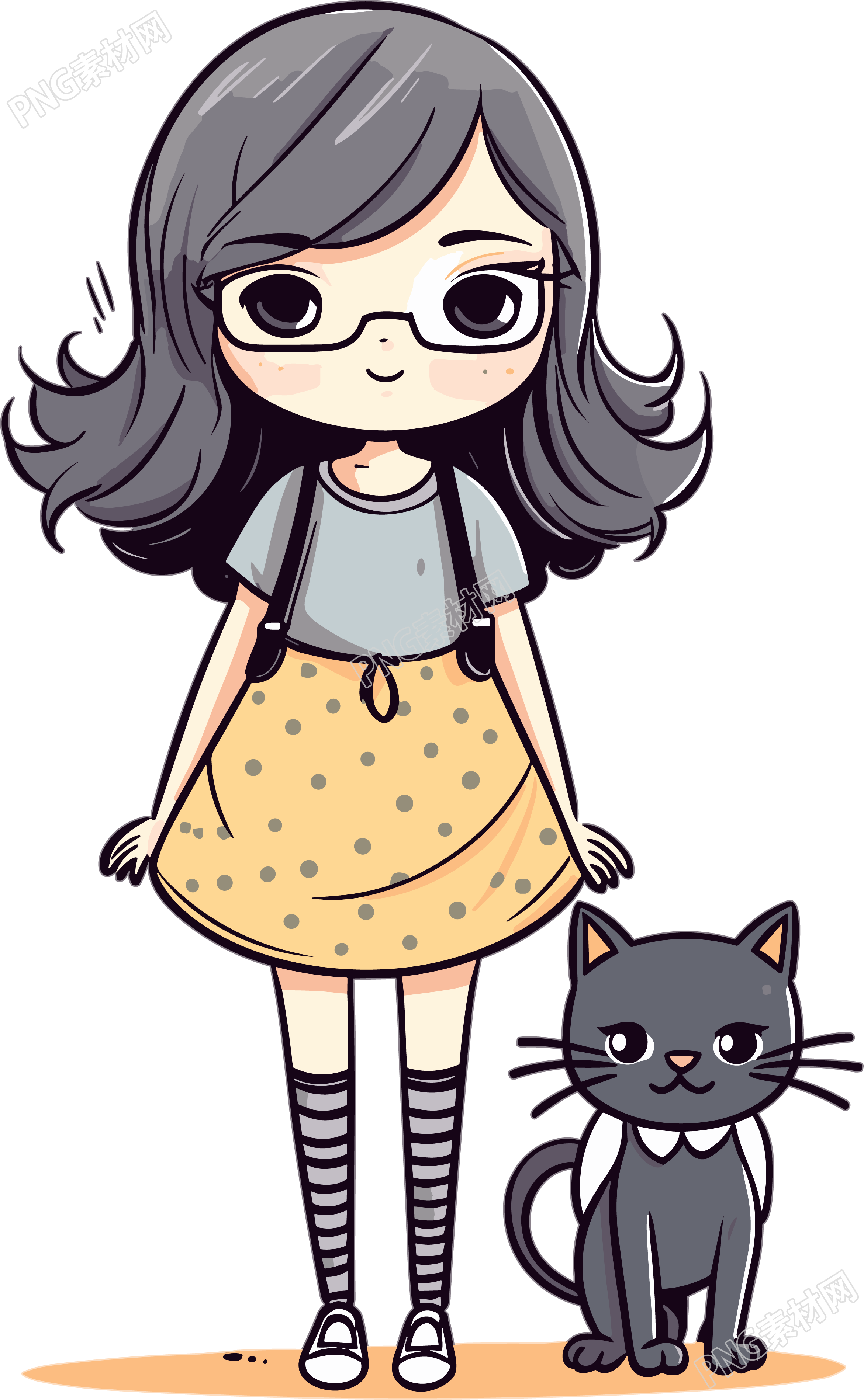小黑猫和穿着连衣裙的女孩插画