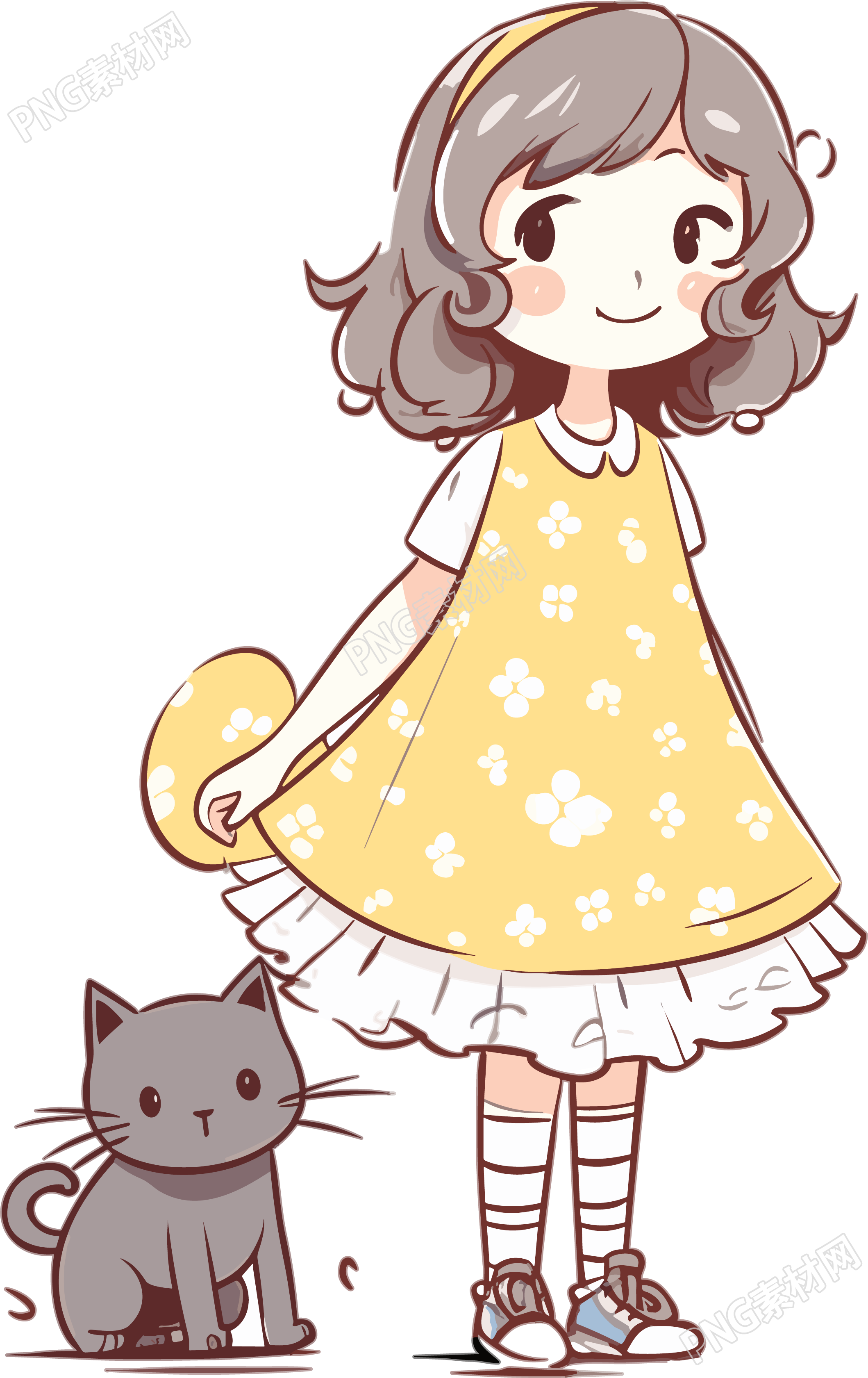 黄色连衣裙女孩领着猫的插画设计元素