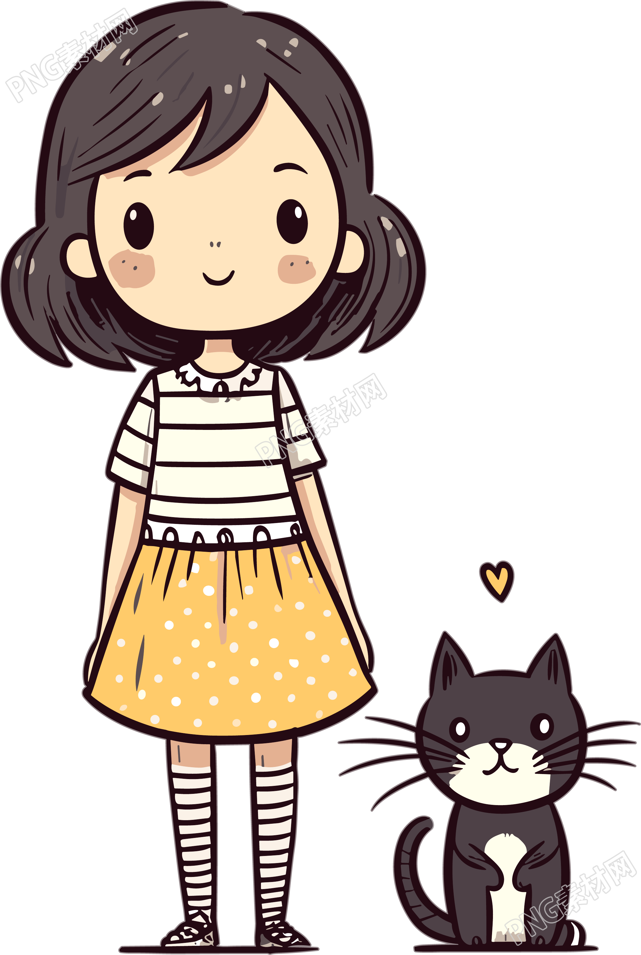 可爱女孩条纹上衣和猫咪插画