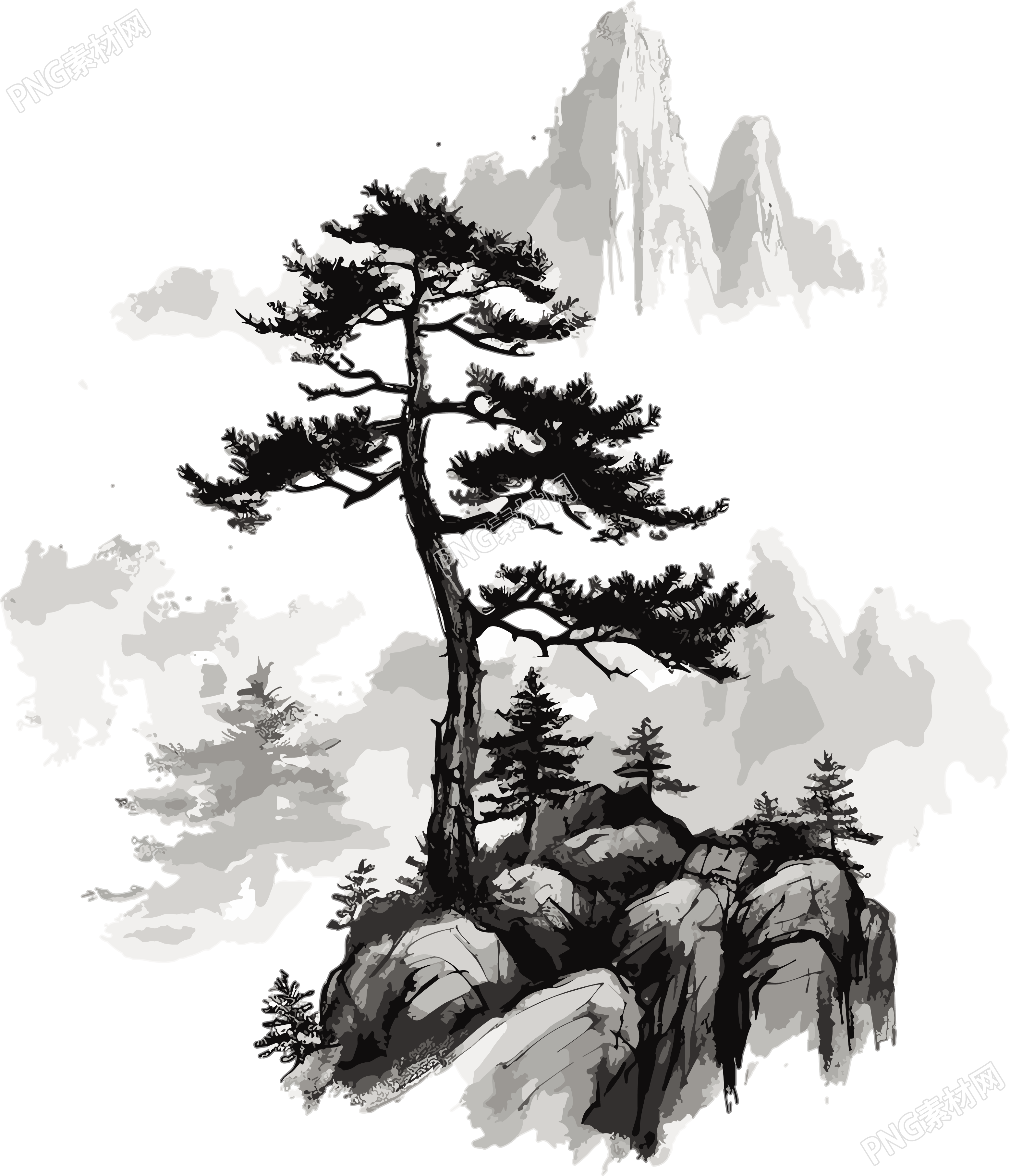 远山孤松插画白底高清PNG素材