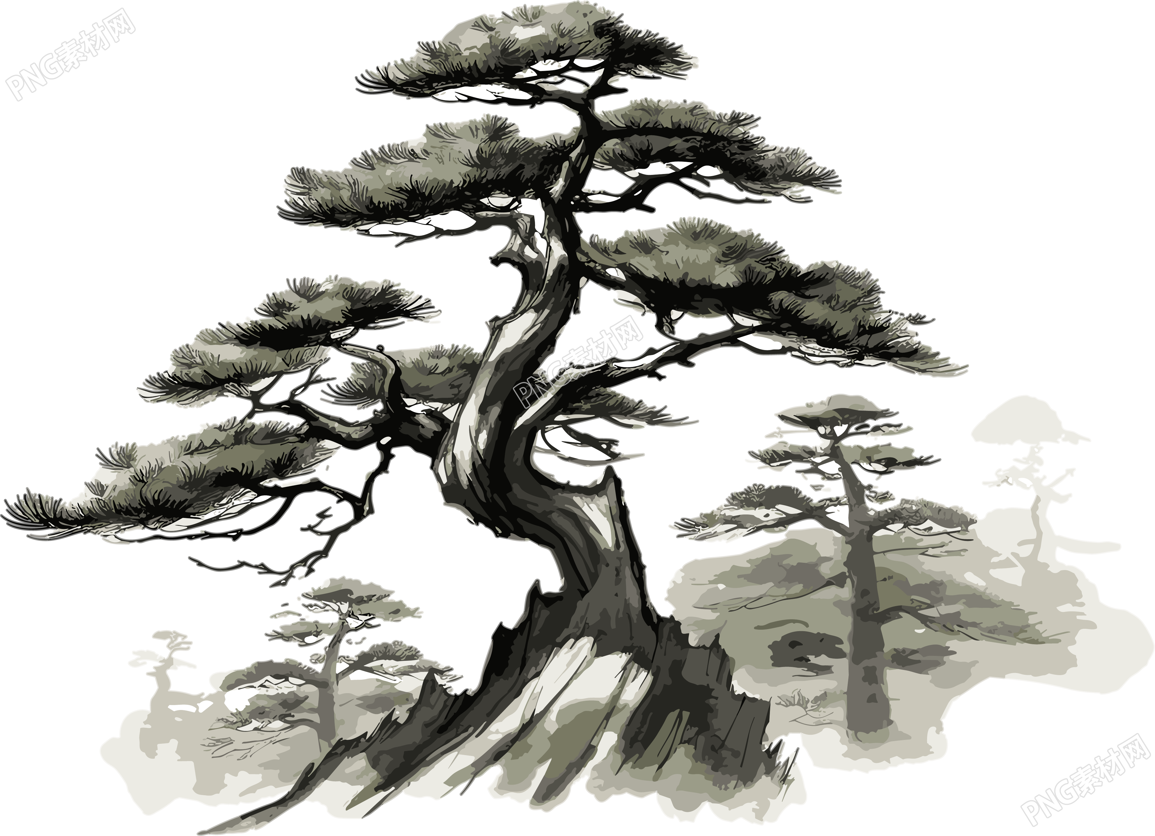 中国传统水墨画松树山脉素材