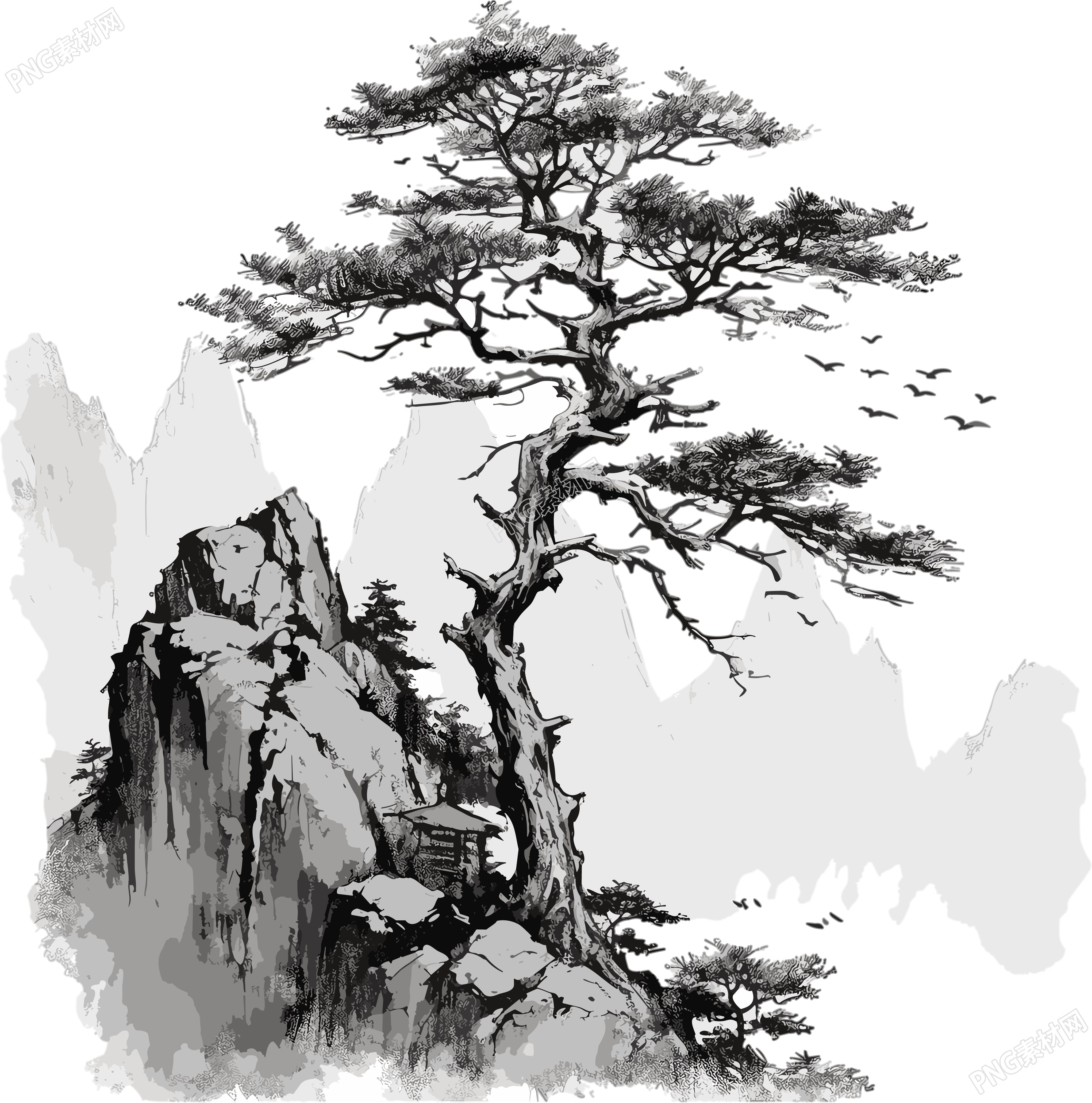 水墨松树高山素材插画