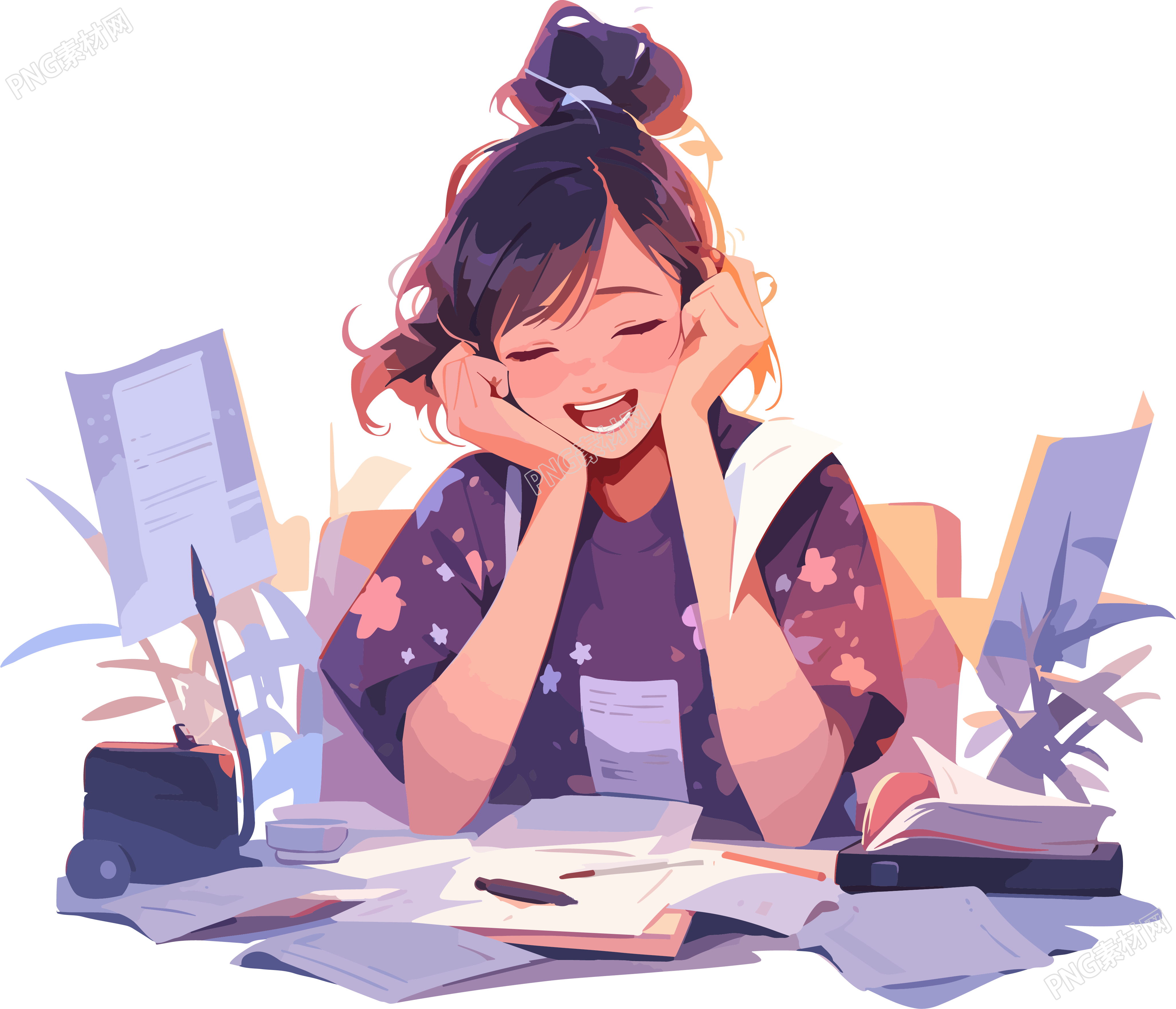 马尾女孩快乐完成作业素材