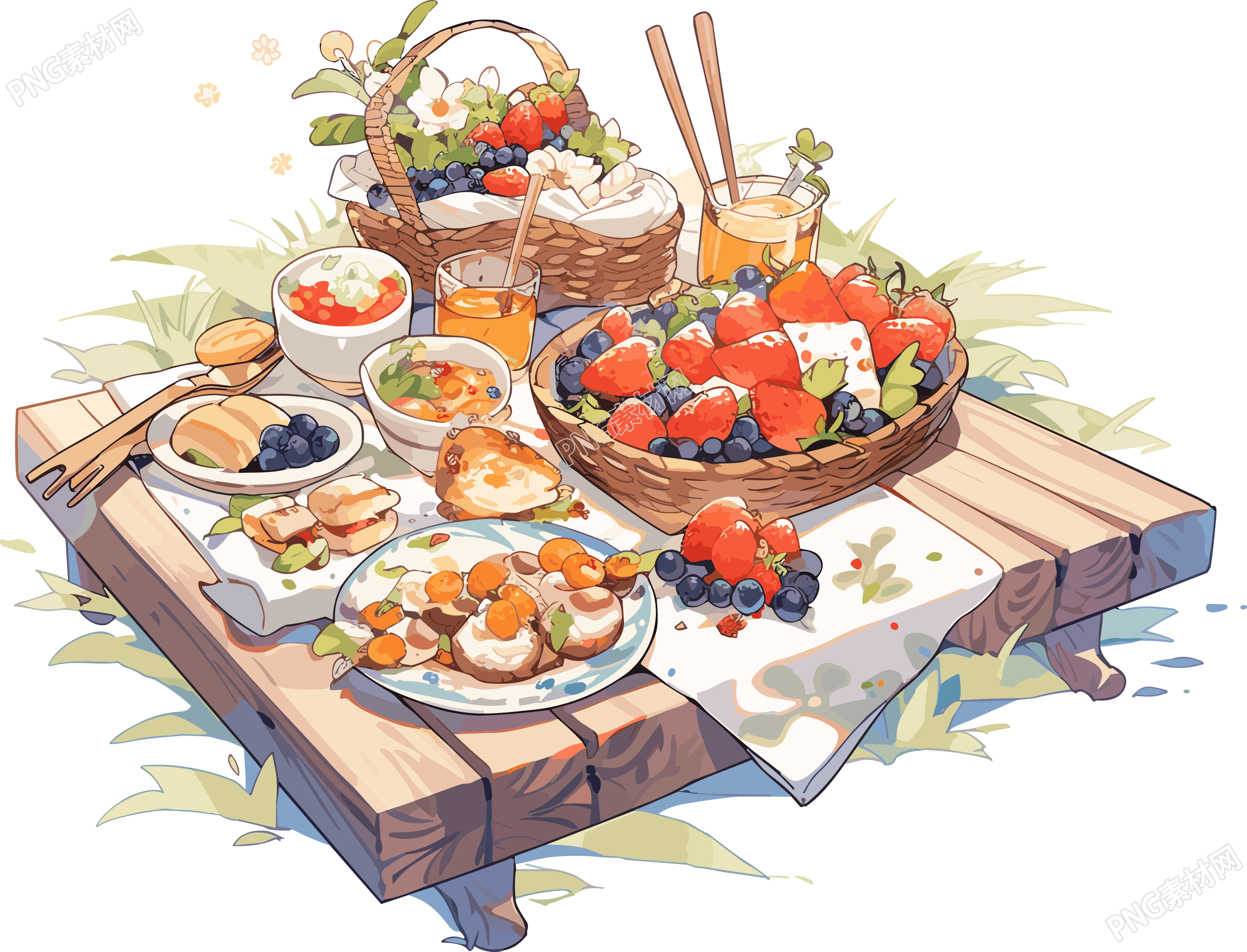 户外野餐毯子与美食插画素材