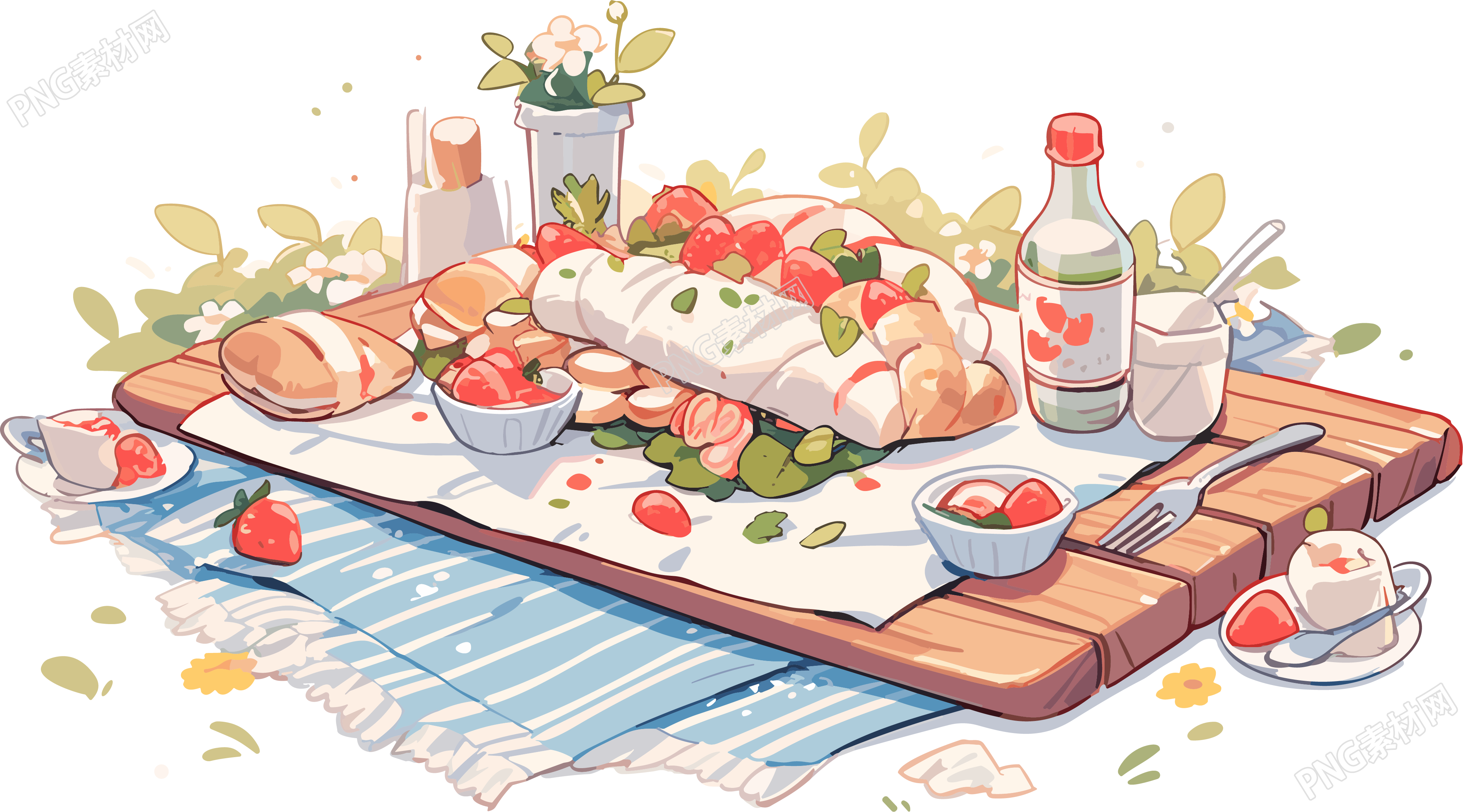摆满美食的户外野垫高清插画素材