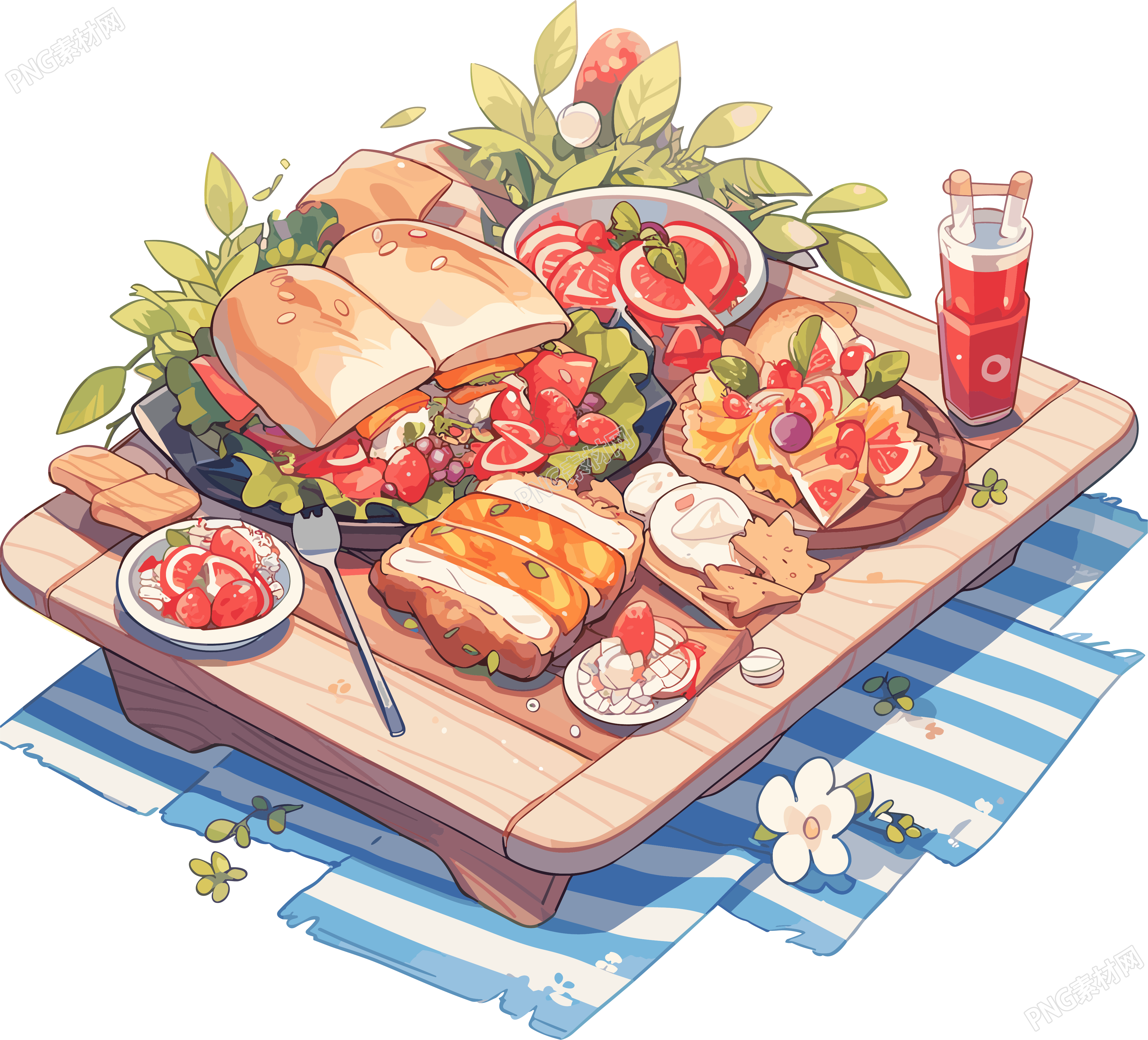 创意插画户外野餐毯上的美食透明背景元素