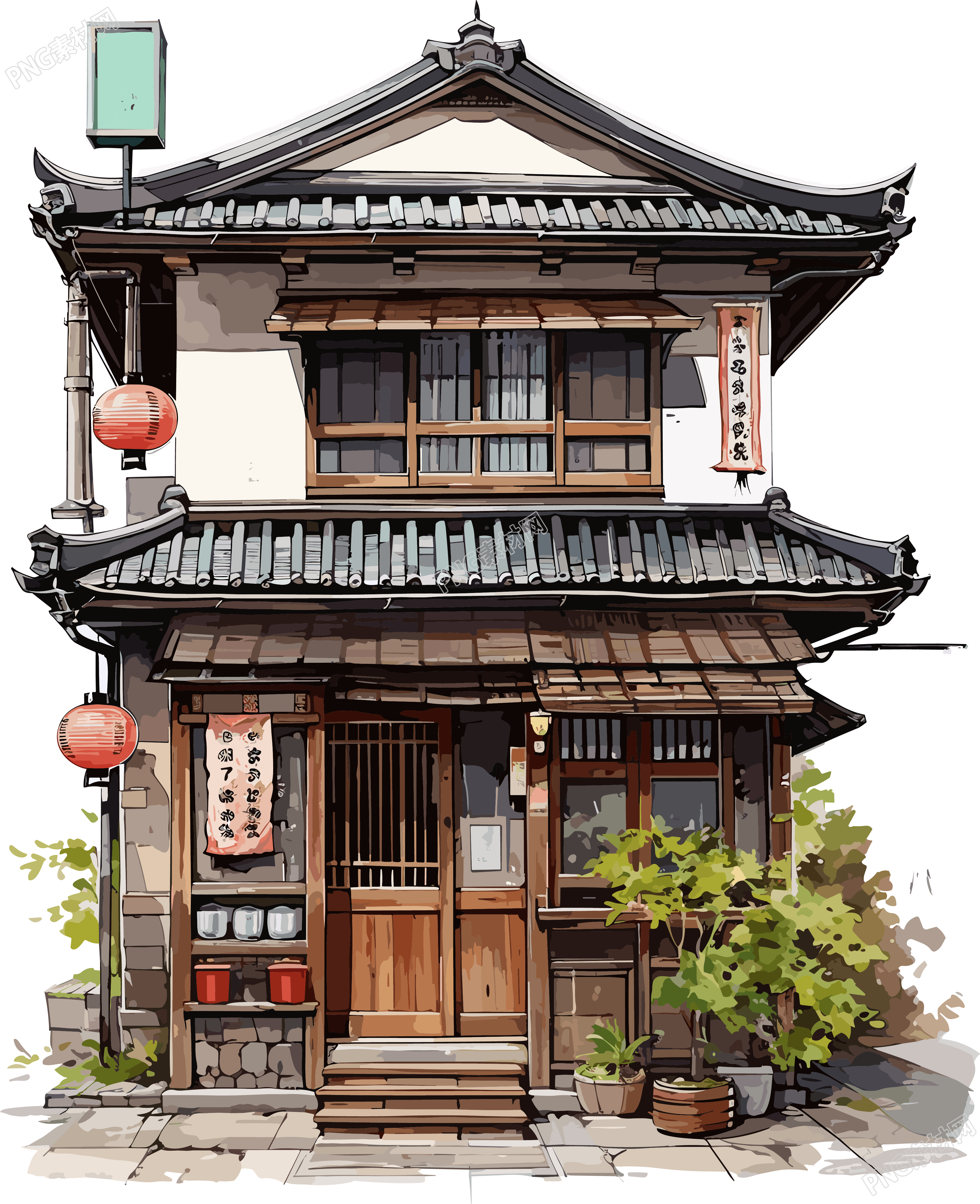 水彩插画日本建筑商用素材
