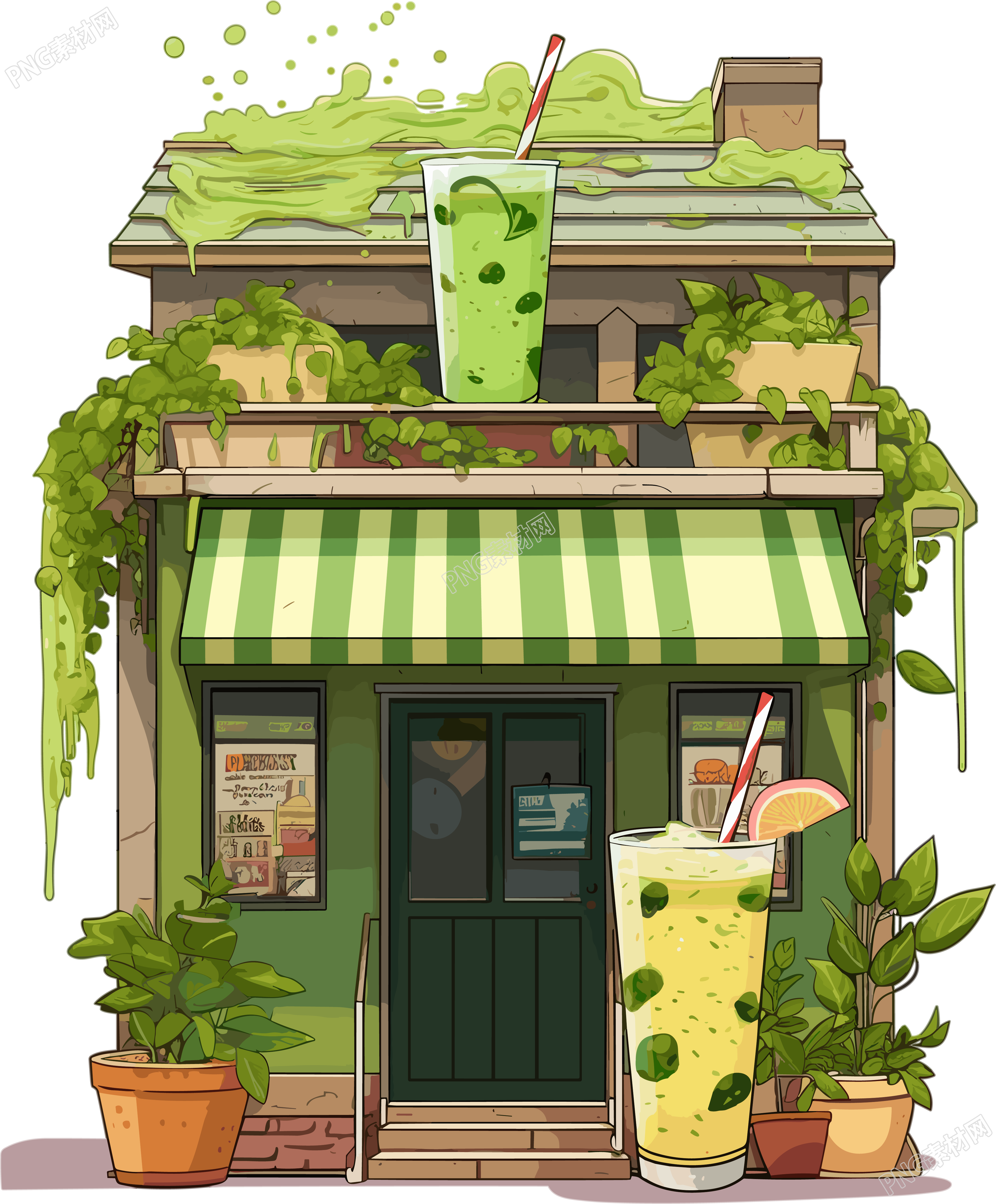 透明背景绿色商店插画设计素材