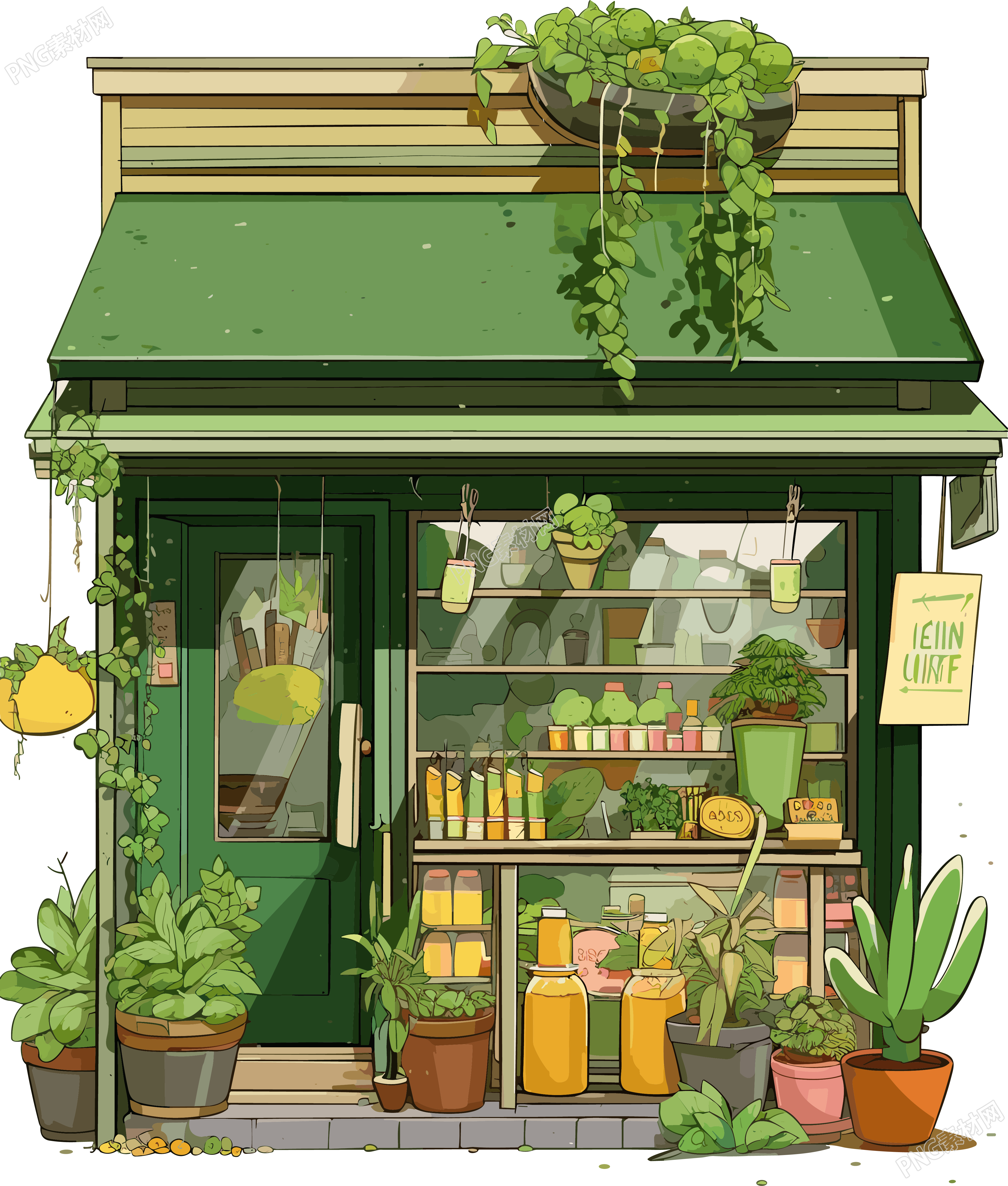 村落风格冰沙店铺橱窗插画