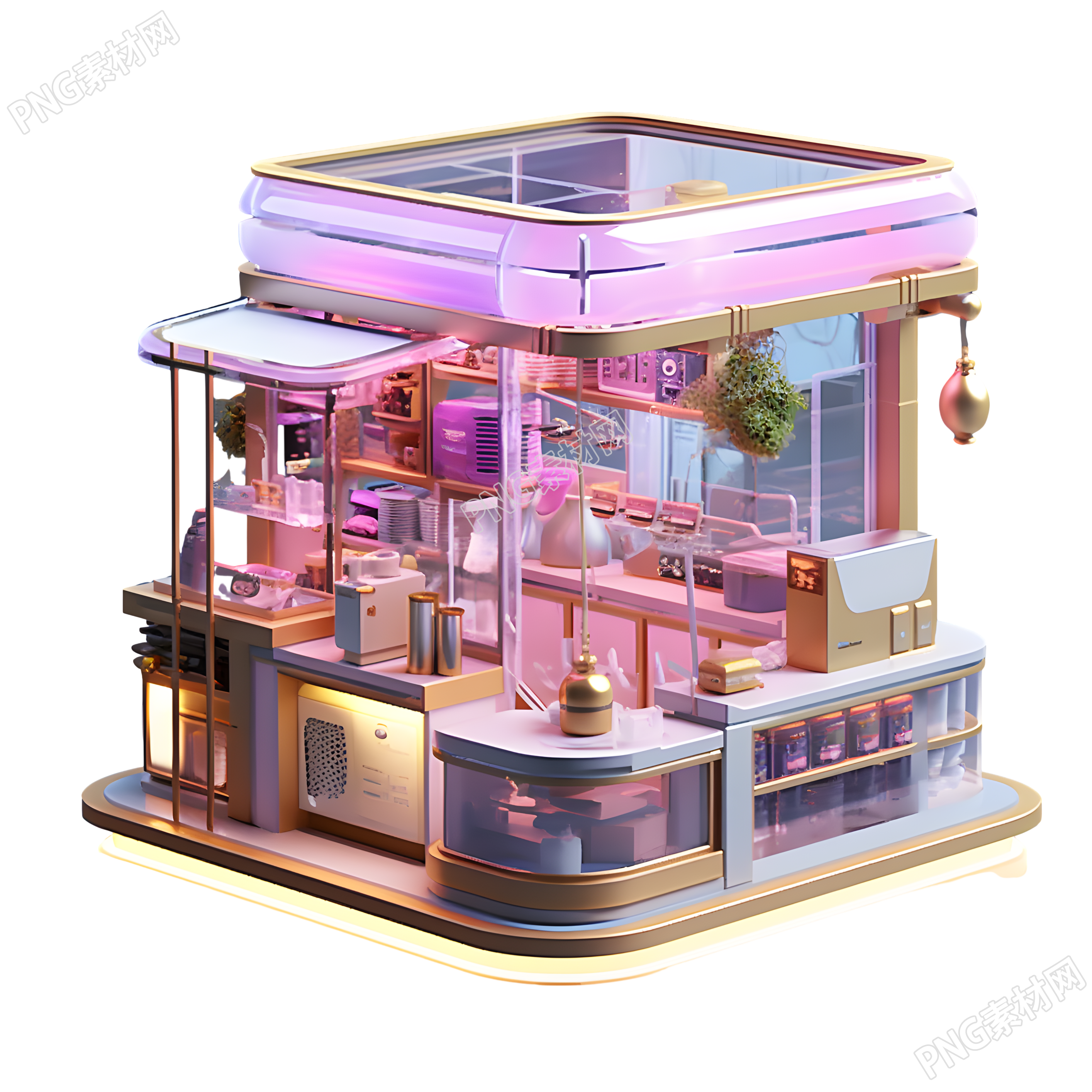 透明背景紫粉色购物建筑3D插图