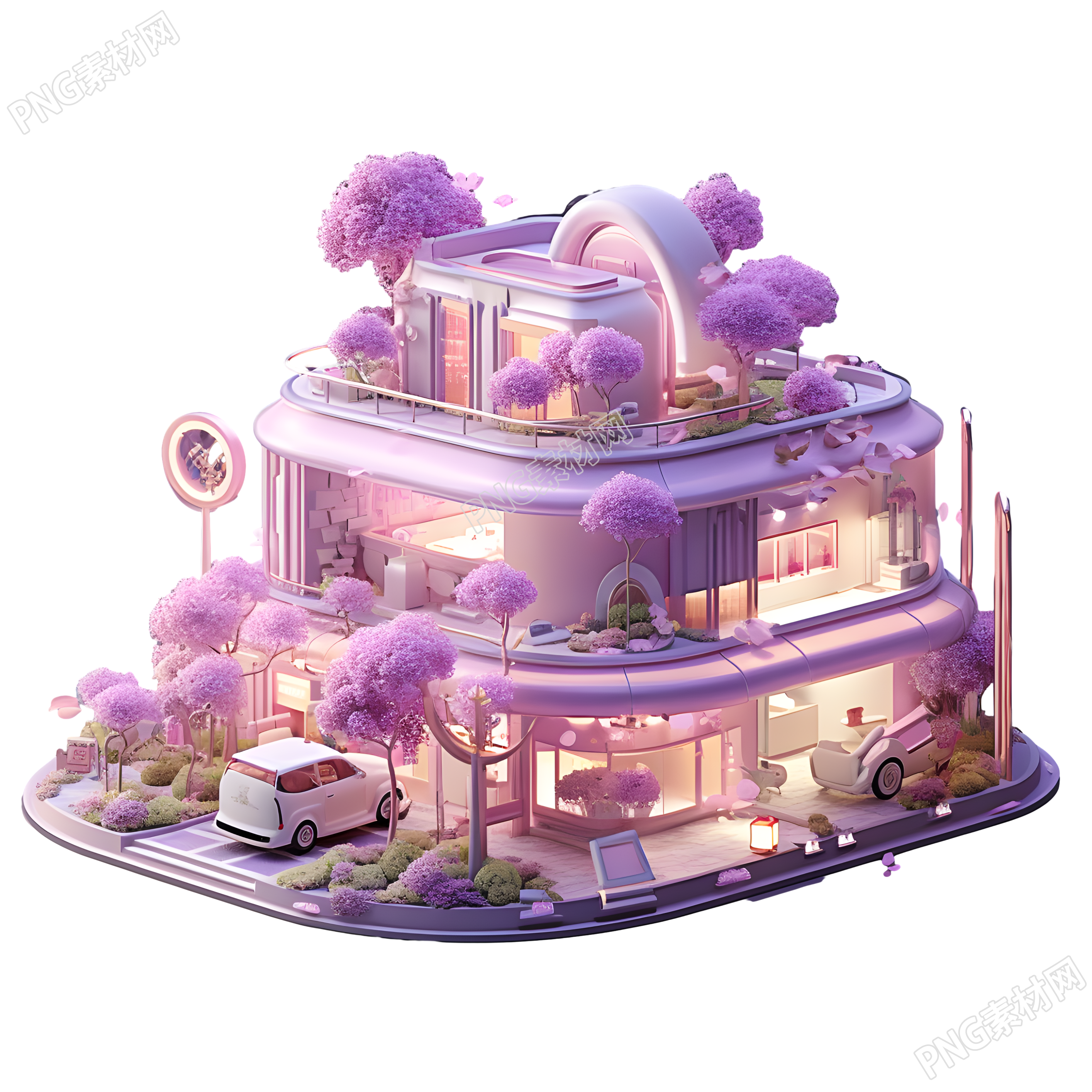 粉紫色购物建筑与车辆的插画