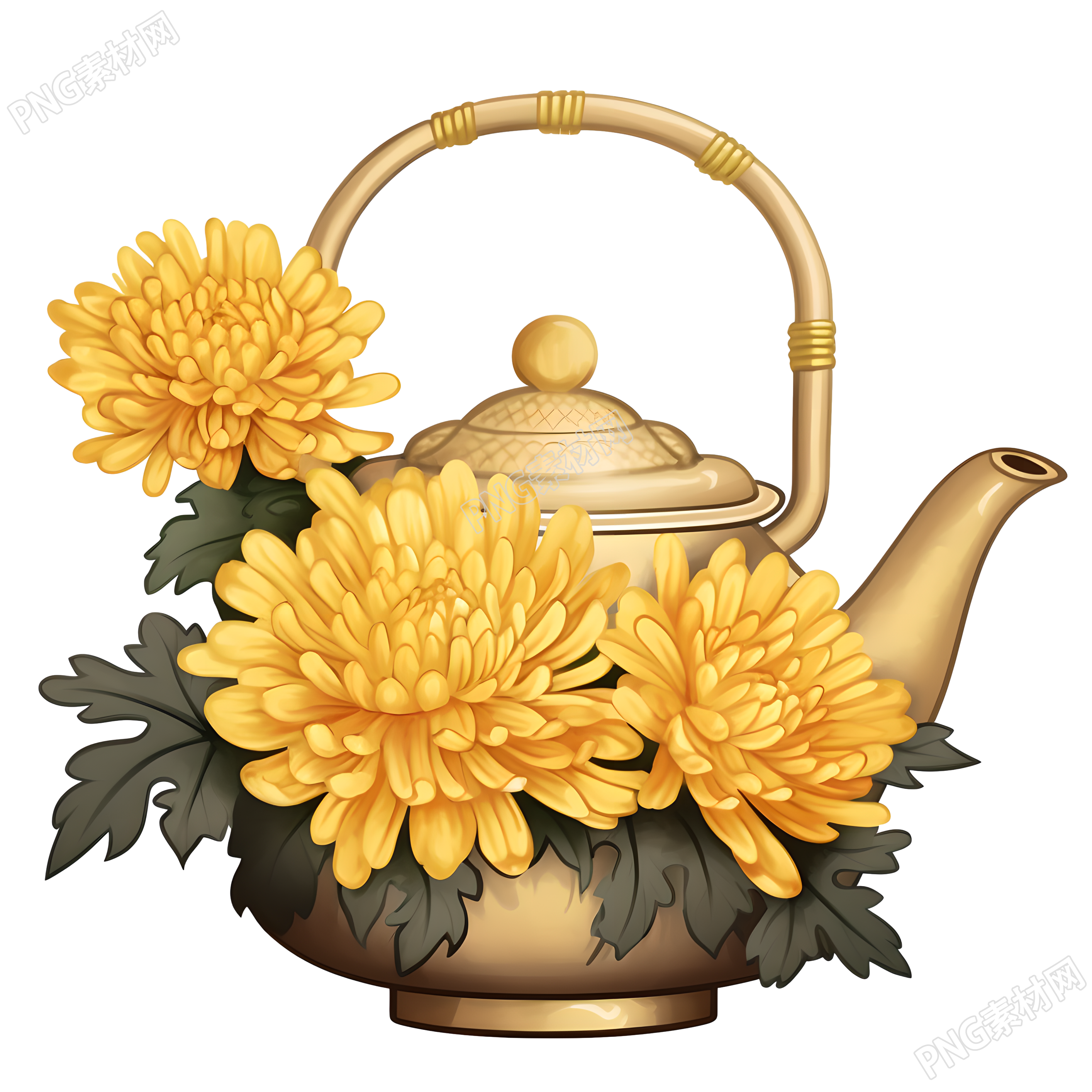 透明背景菊花和茶壶插画