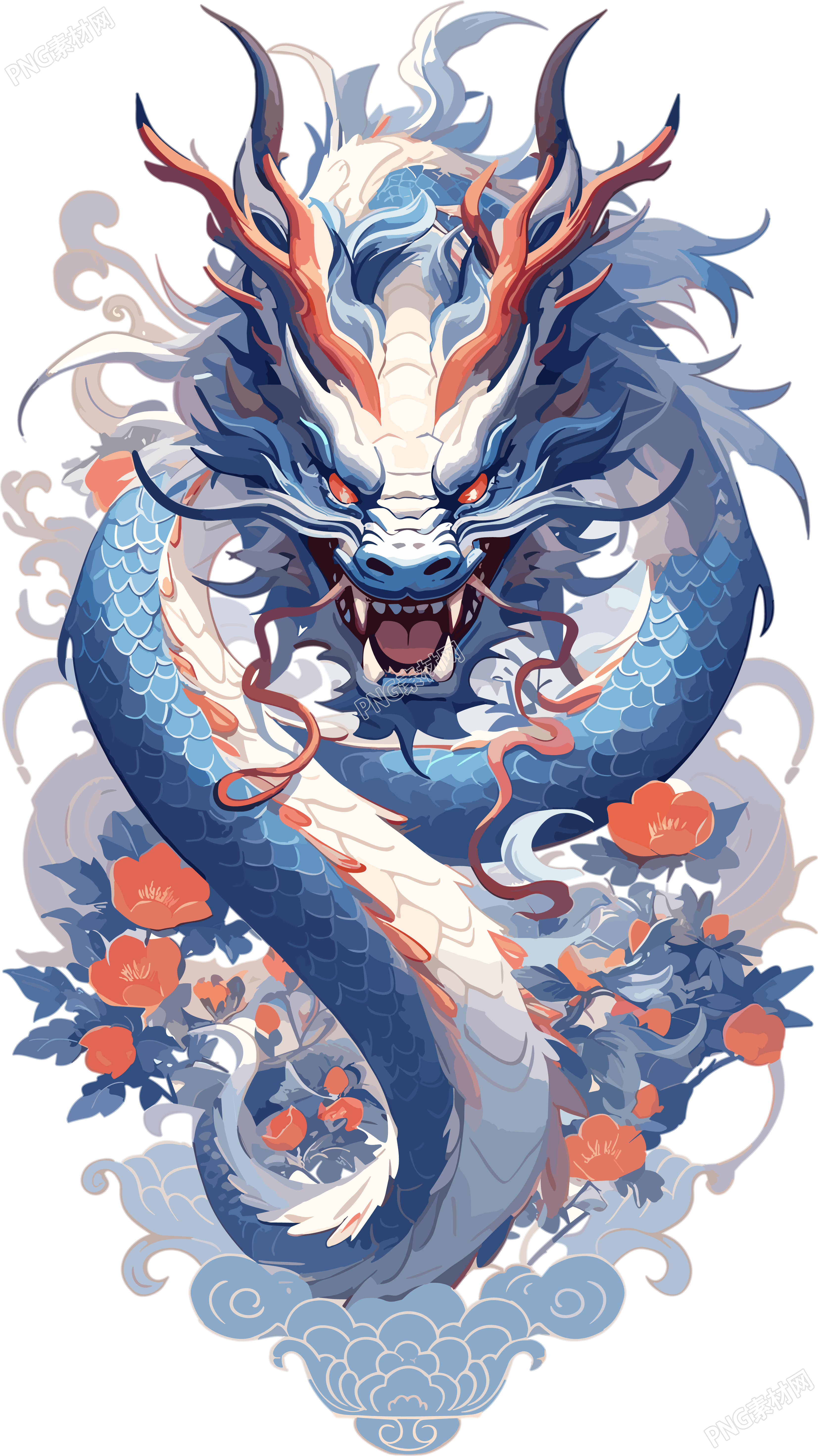 3D中国龙和红色花朵创意设计插画