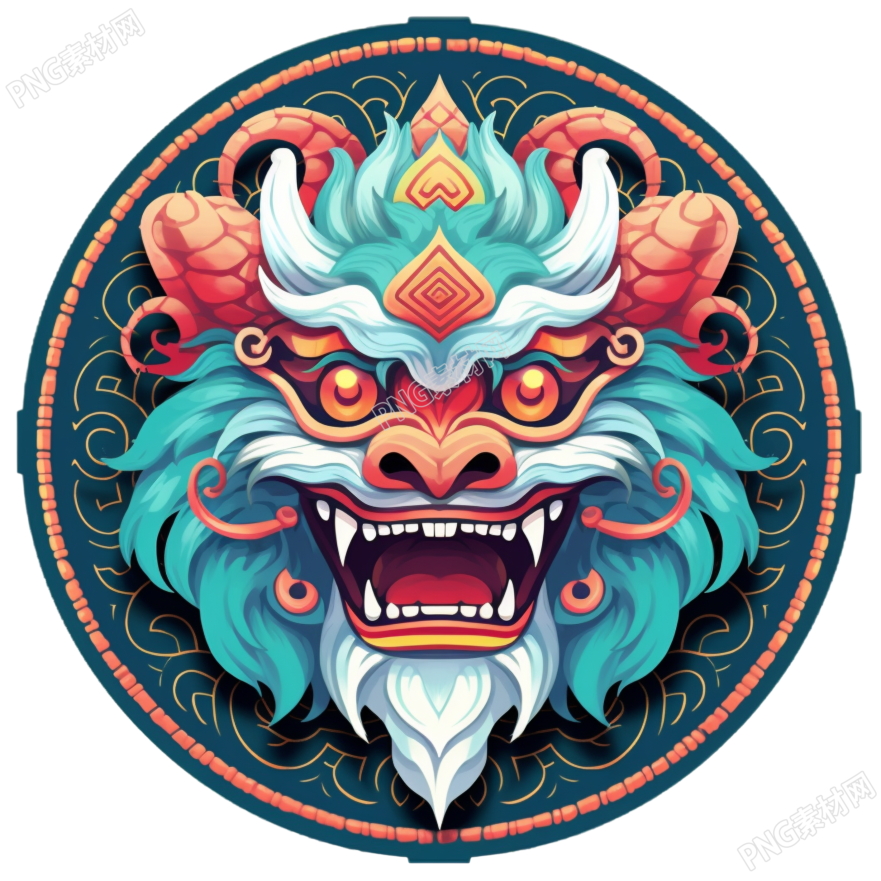 暗青色和深天蓝色中国龙头透明PNG素材