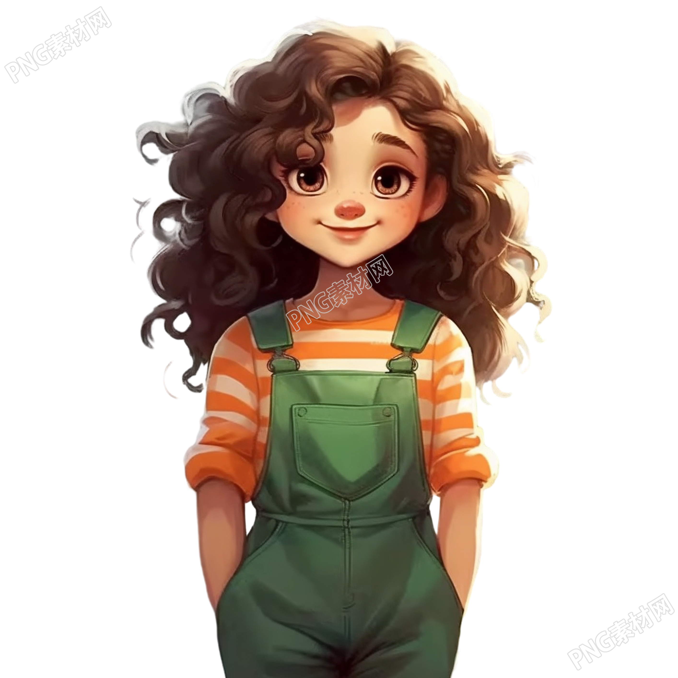 绿色工装裙中的卷发女郎插画