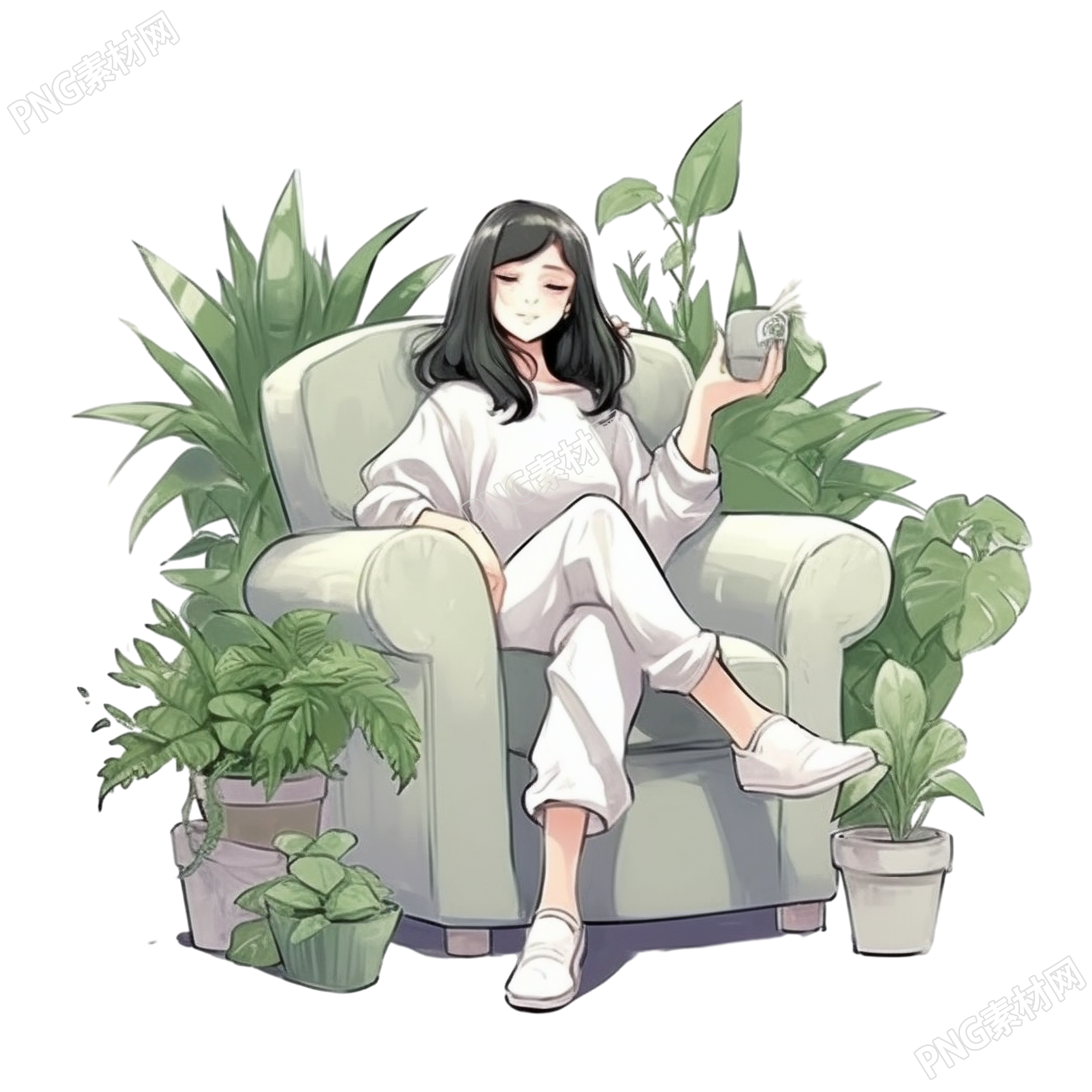 沙发旁的少女和绿植插画素材
