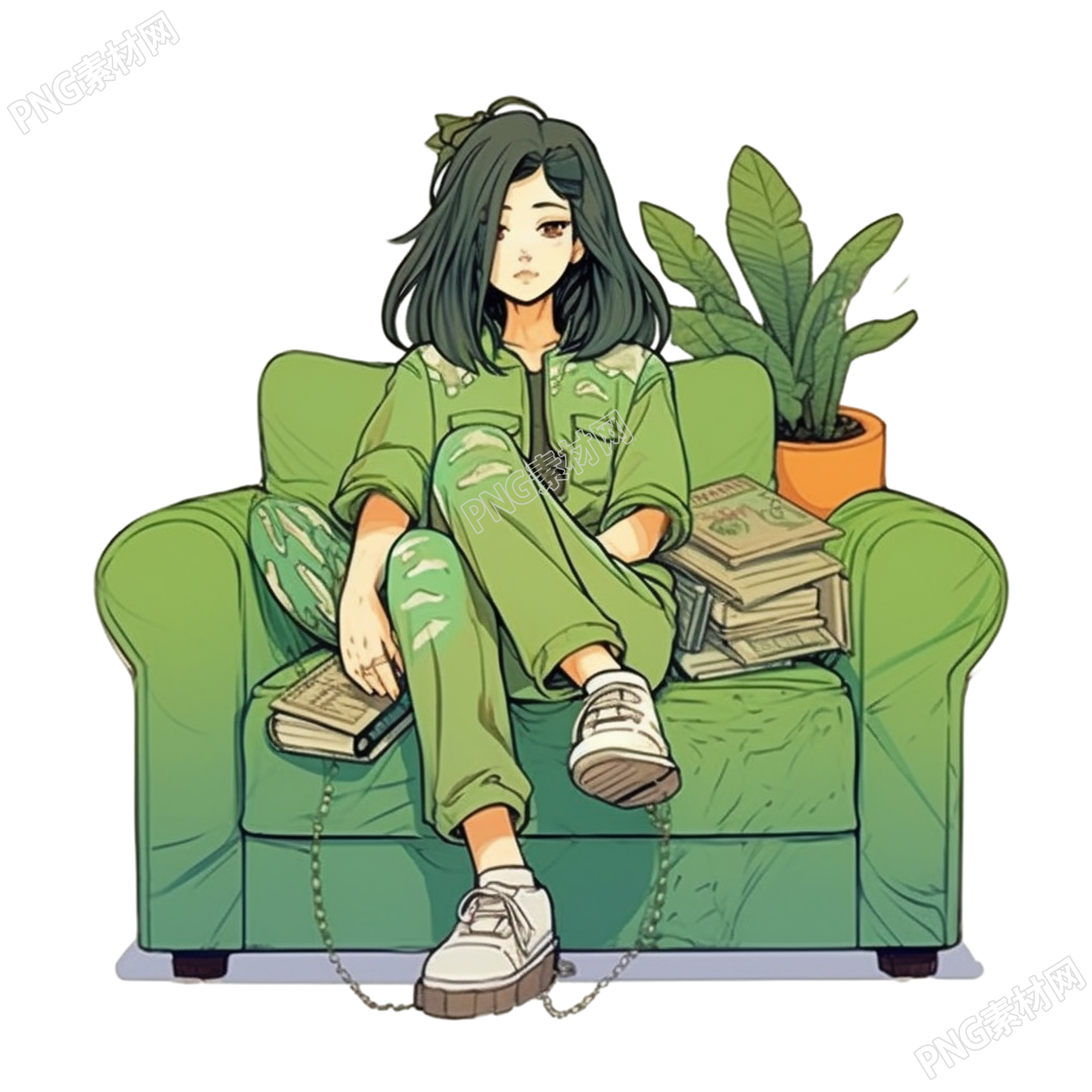 沙发旁大植物下的浪漫插画设计