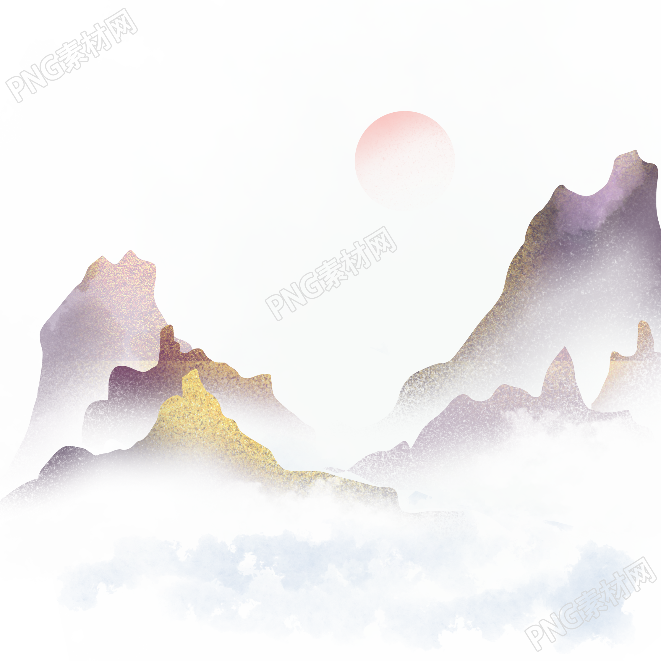 寒衣节水墨风远山红日透明背景插画